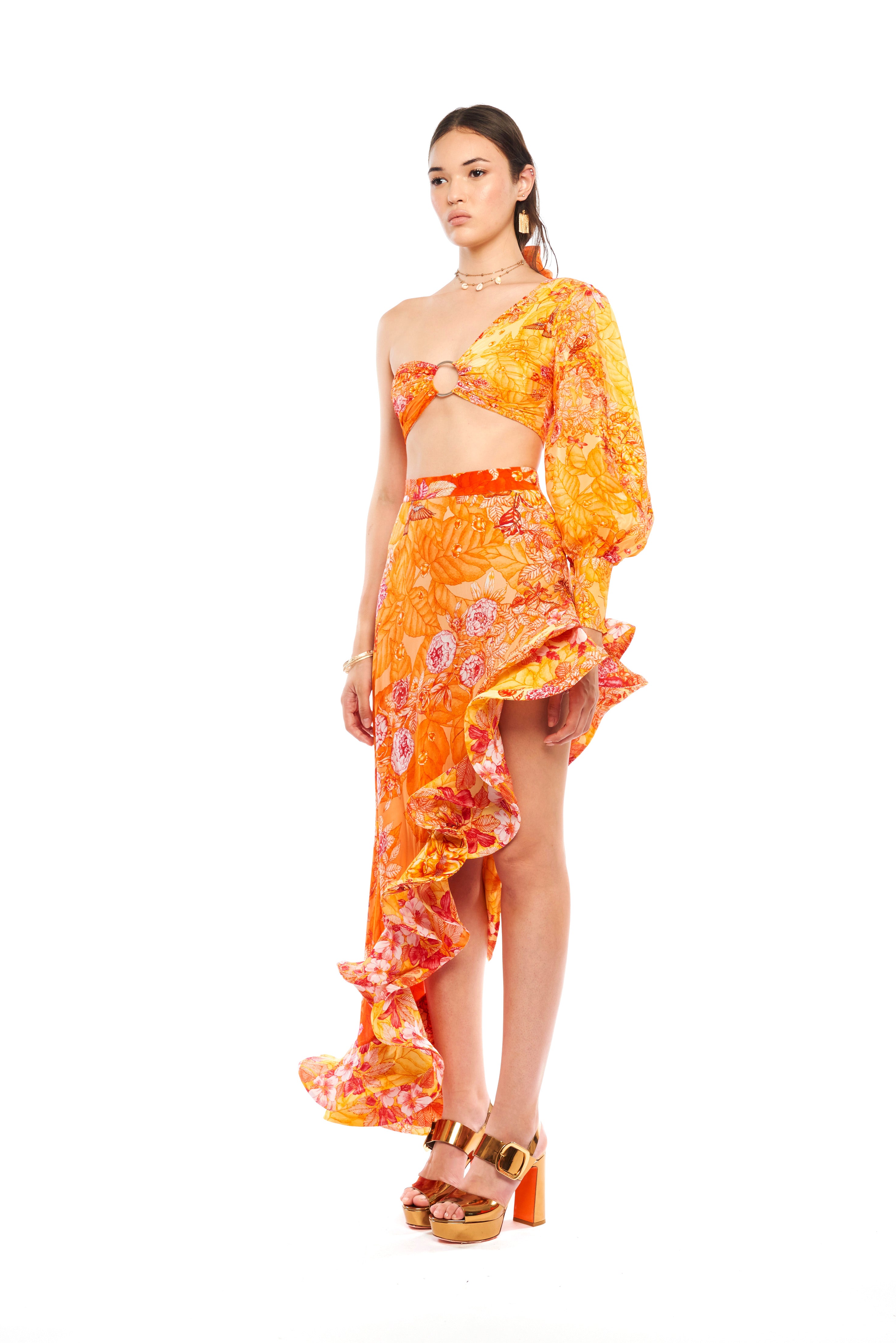 Asymmetrical ruffles skirt in Garden Orange print, natural crepe