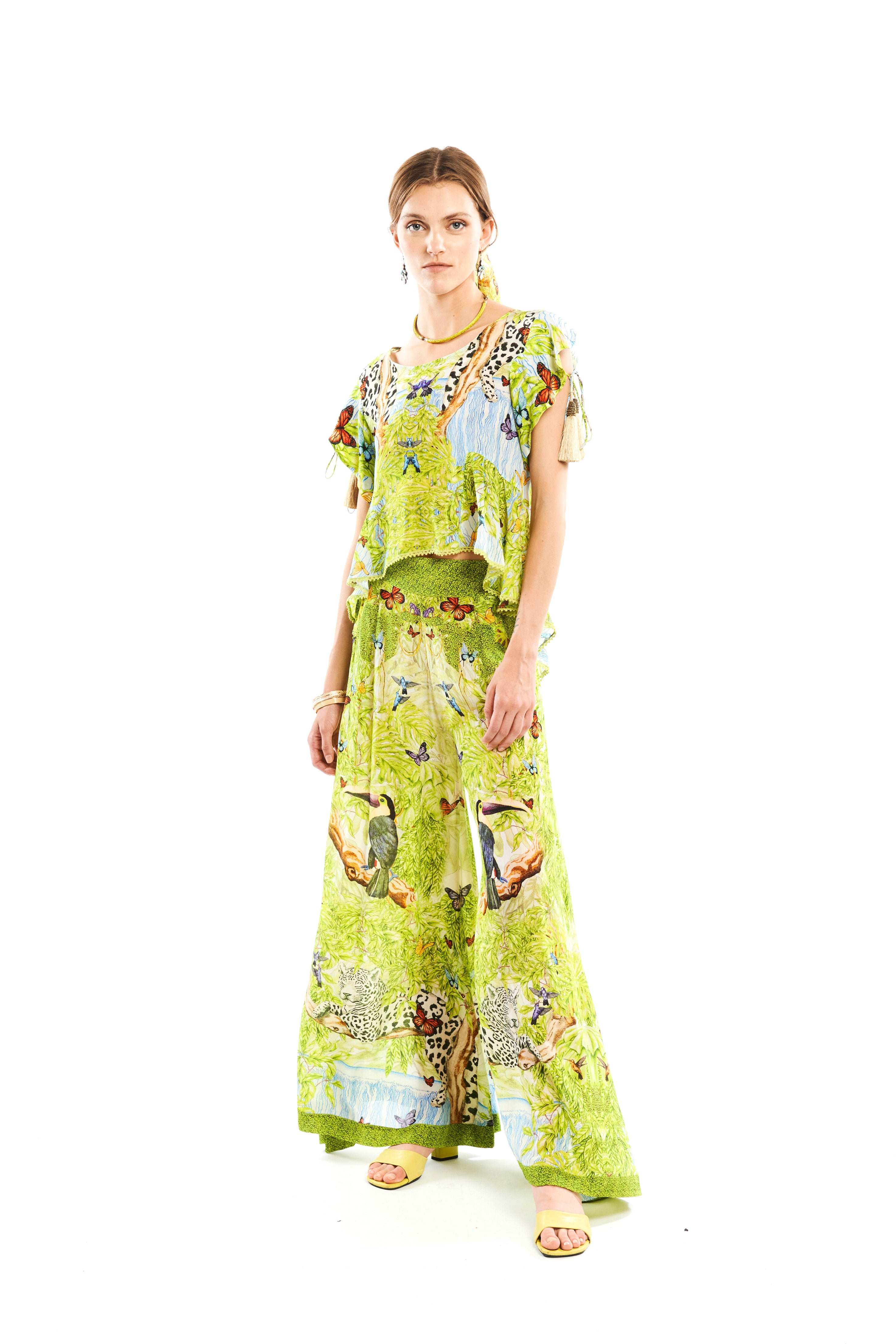 Flared long pants in Jungle Day print, natural crepe