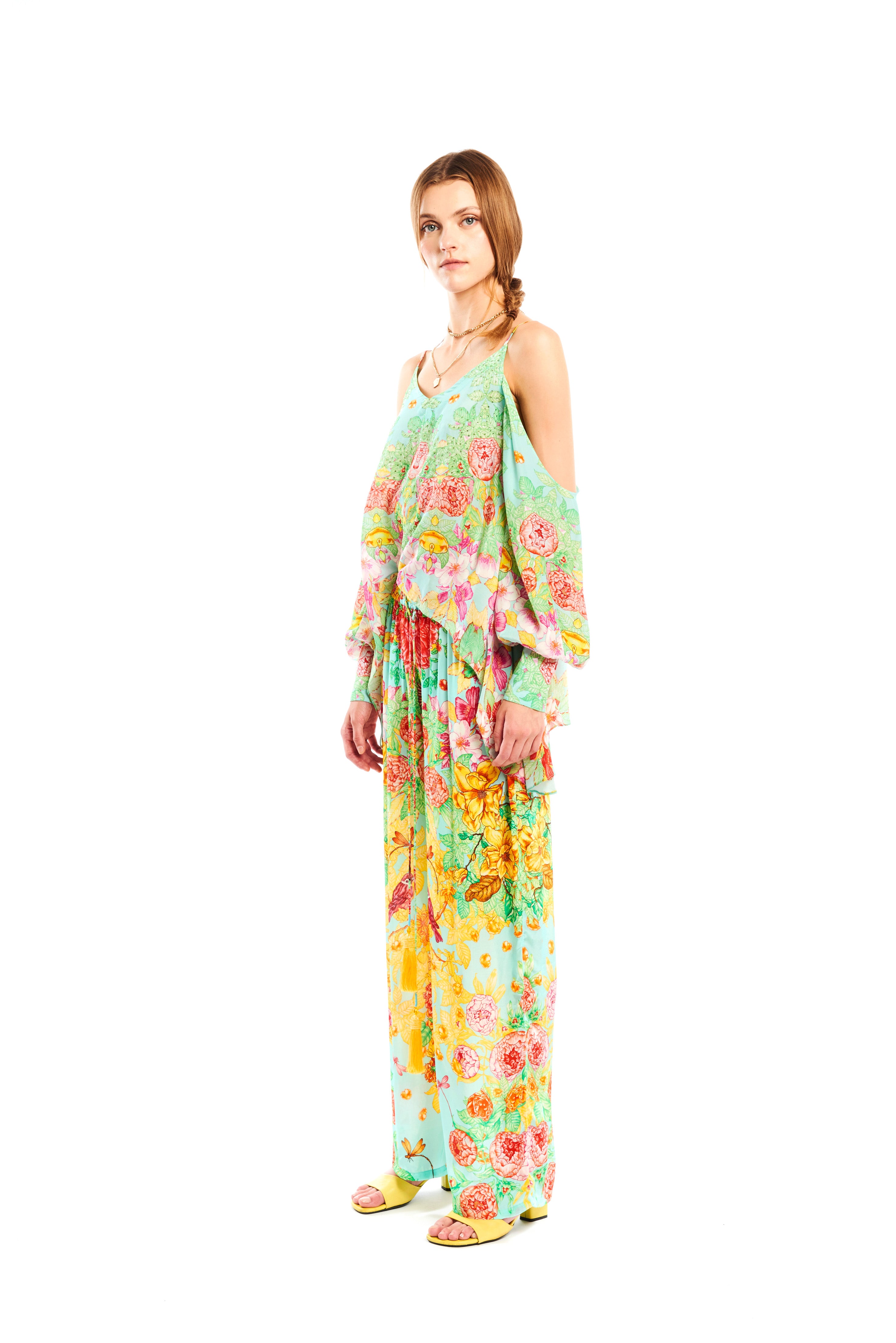 Tank top with hanging sleeves in Garden Green print, georgette satin