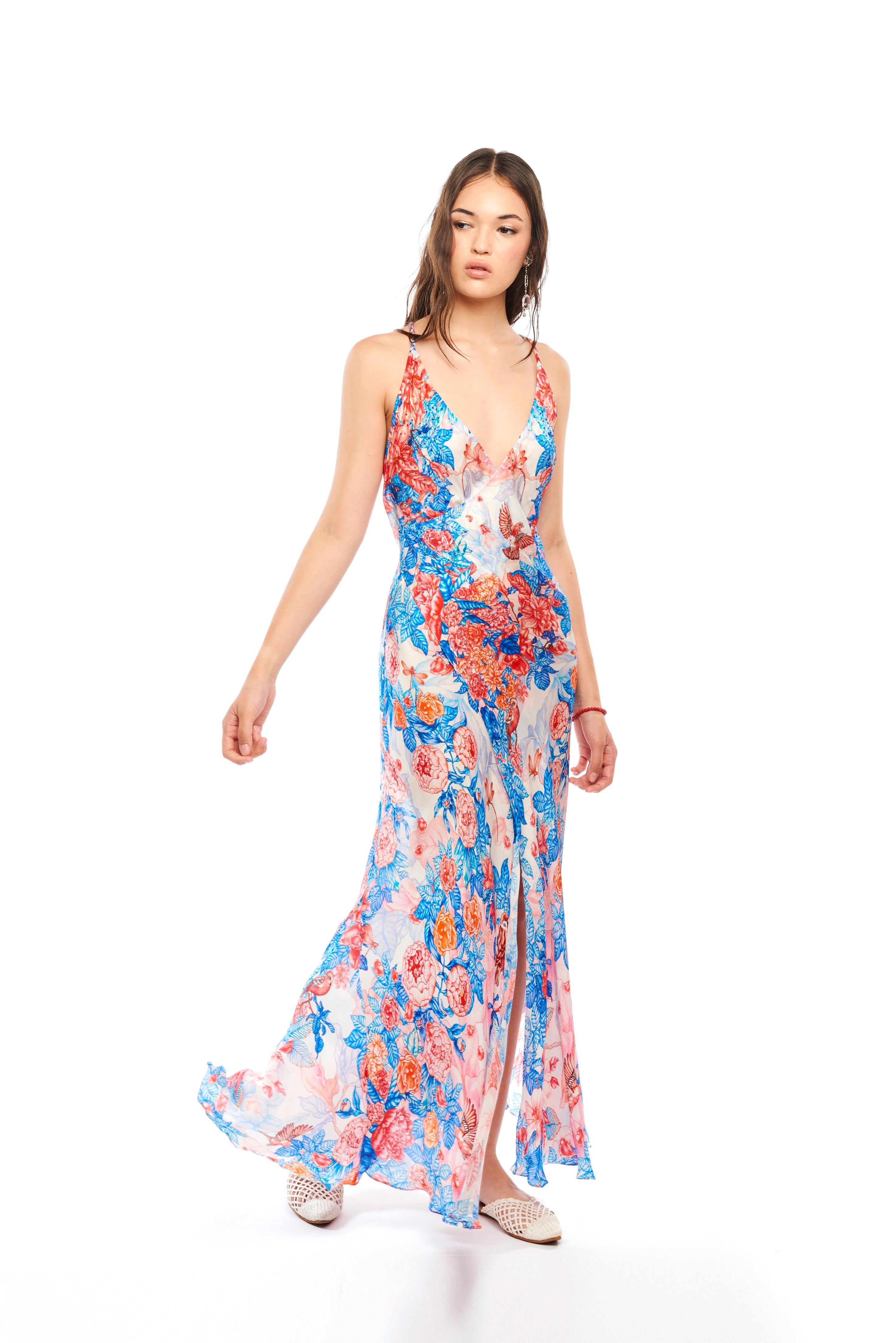 Backless sexyness long dress in Garden Blue print, Cherry satin