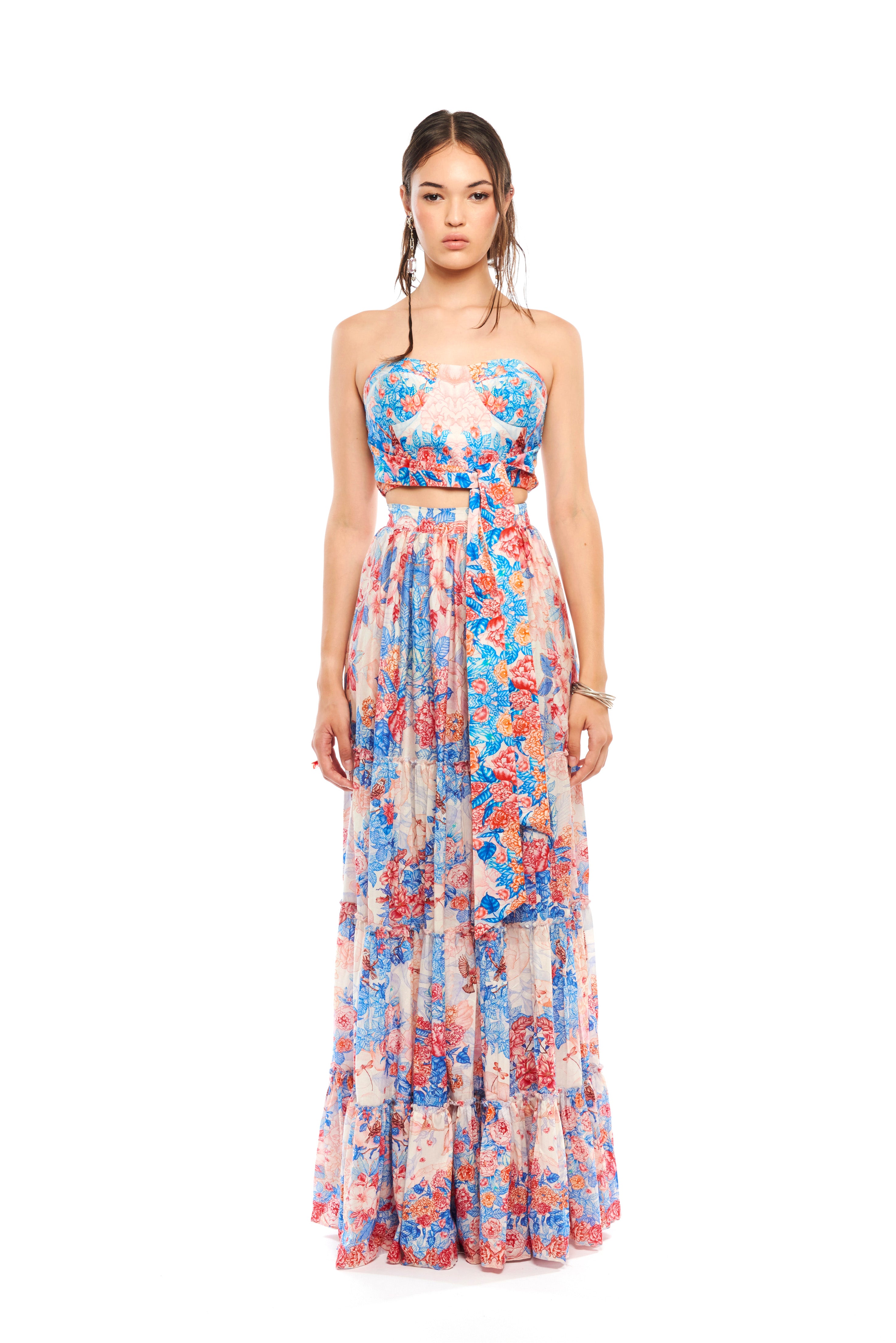 Corset with belt in Garden Blue print, Chandery fabric