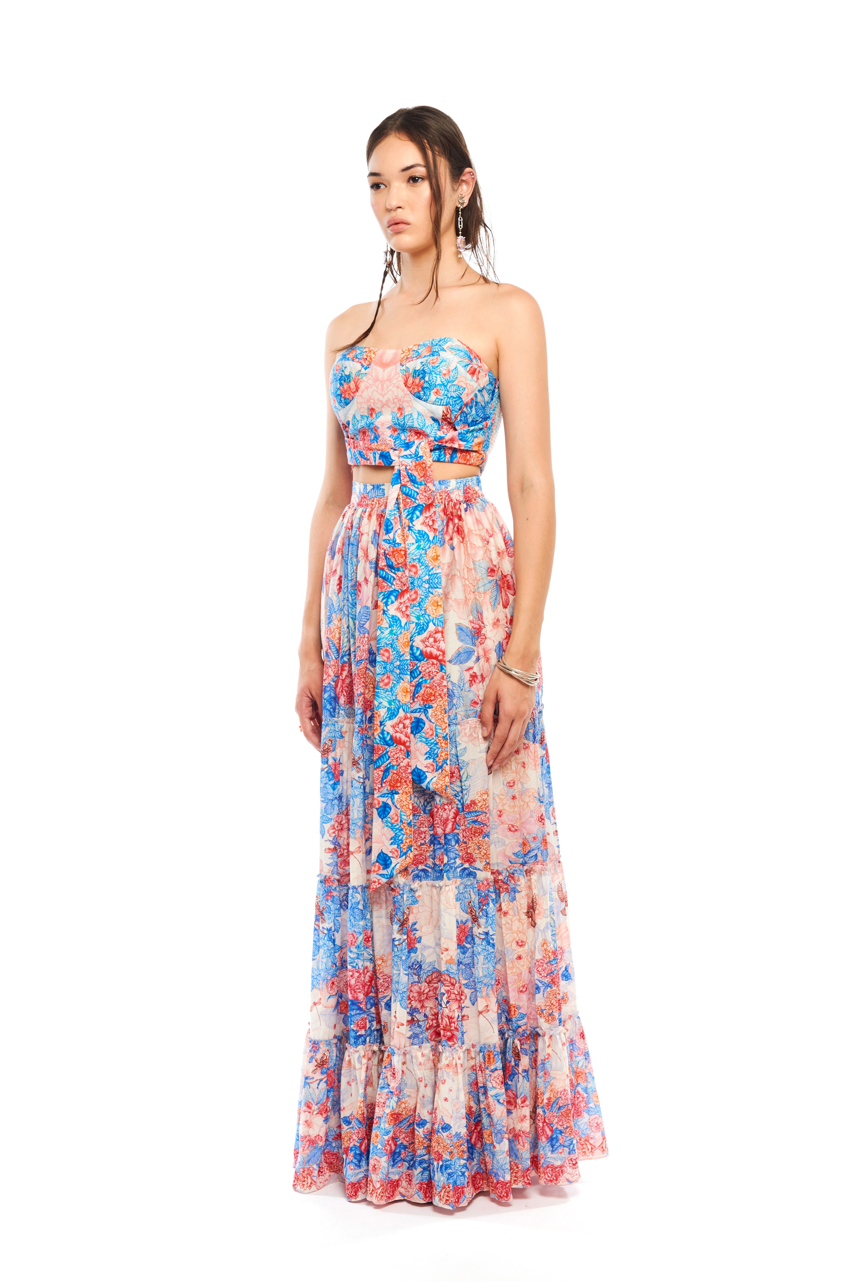 Corset with belt in Garden Blue print, Chandery fabric