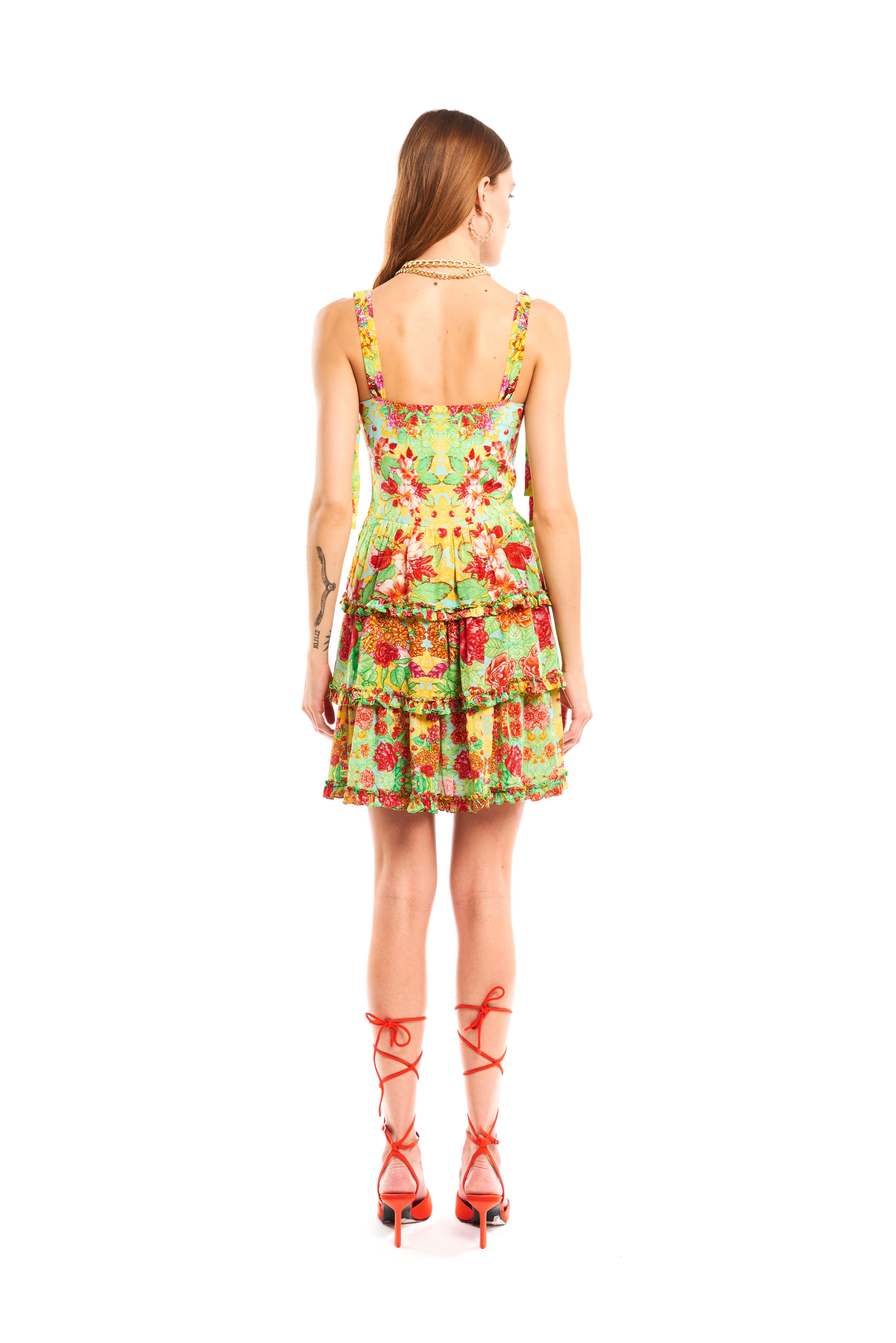 Sweetheart mini ruffles short dress in Garden Green print, natural crepe