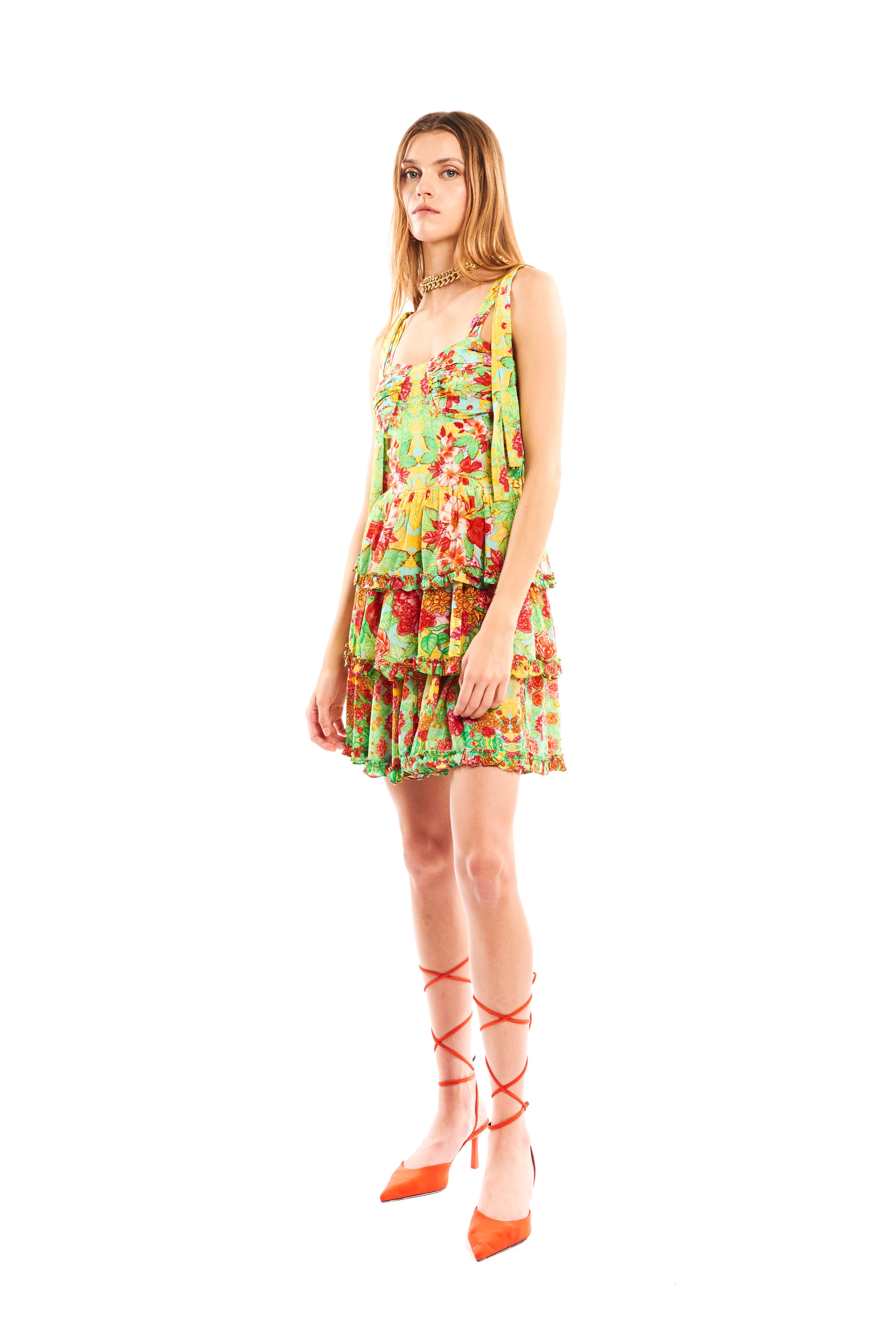Sweetheart mini ruffles short dress in Garden Green print, natural crepe