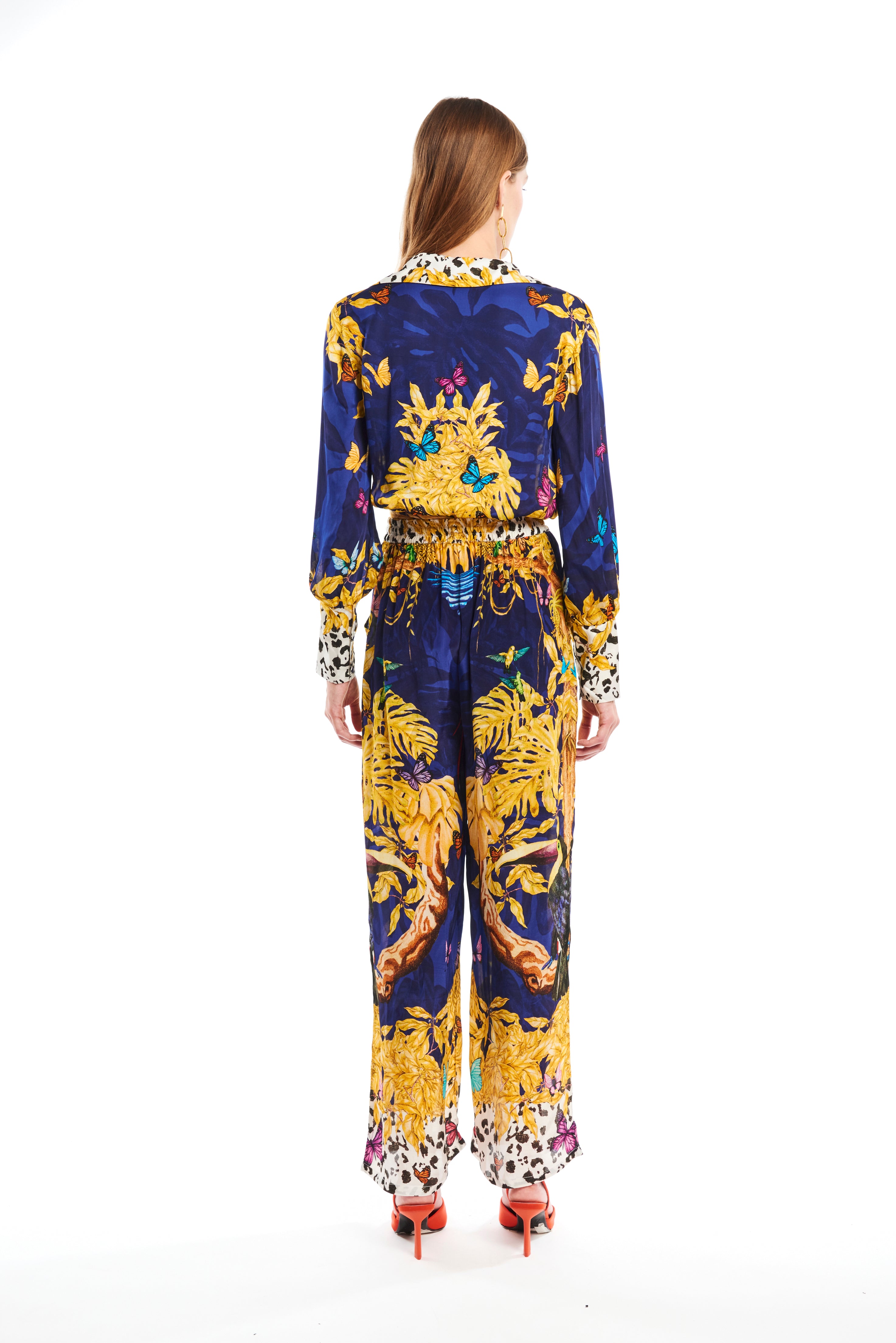 Long slim pants in Jungle Night Texture print, linen satin