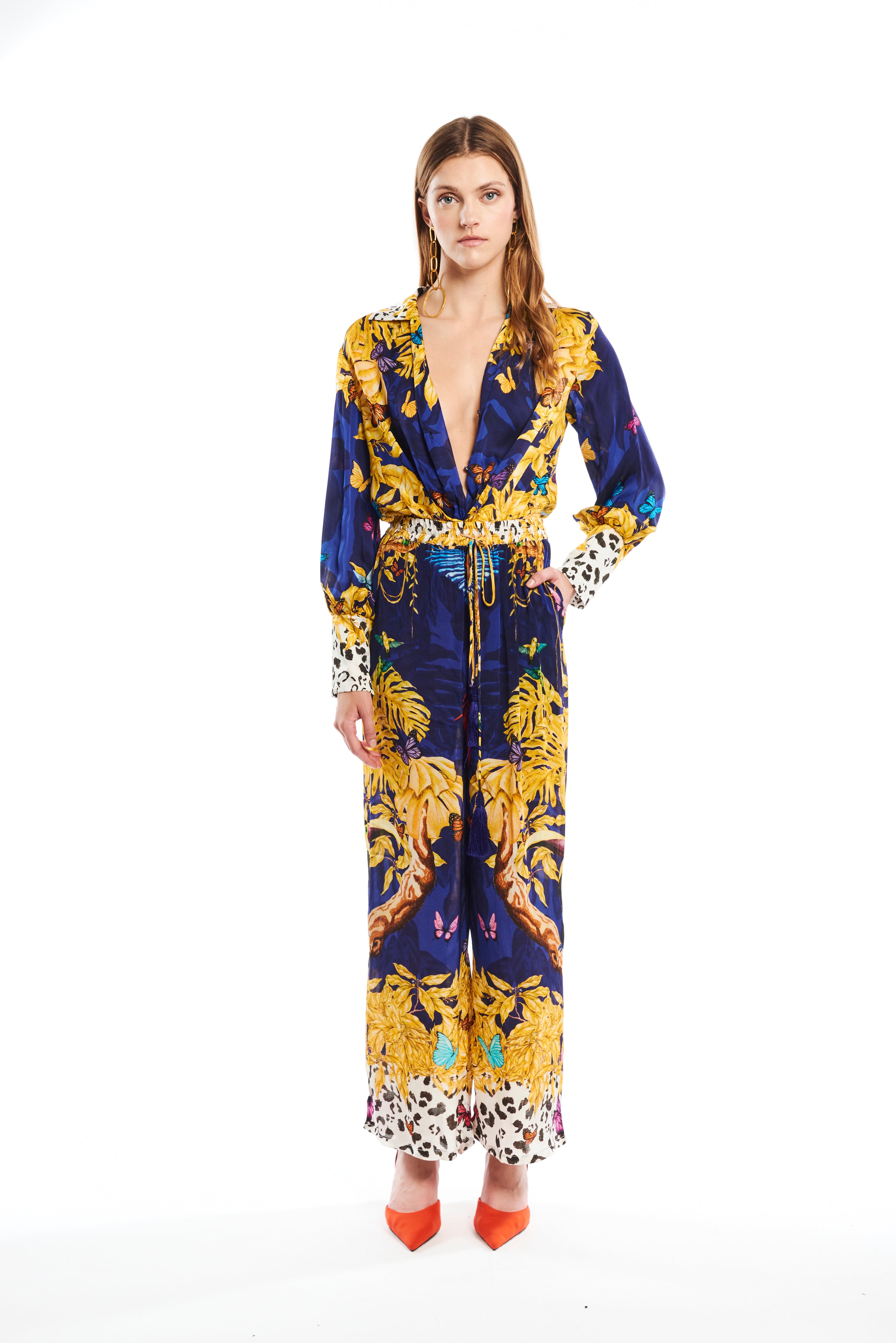 Long slim pants in Jungle Night Texture print, linen satin