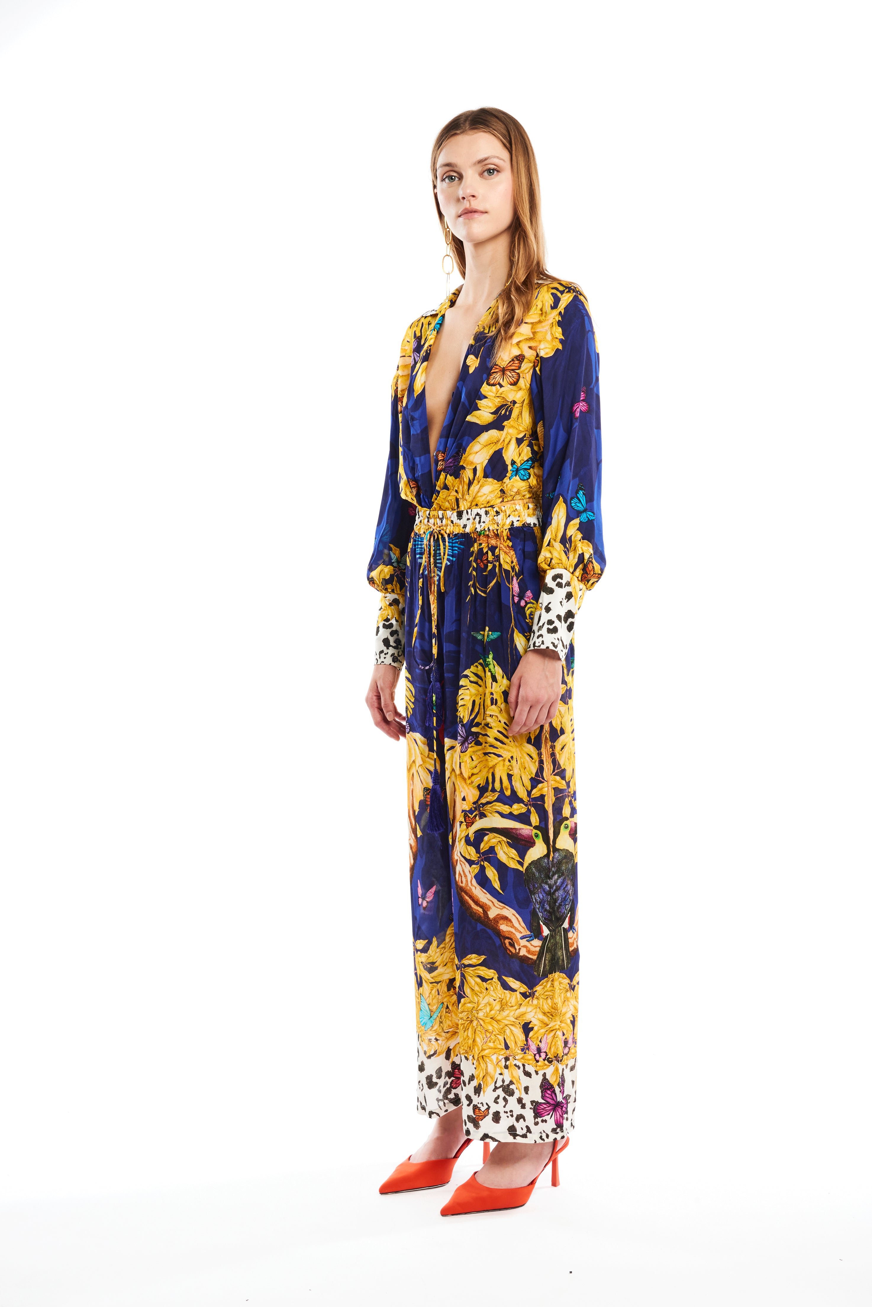 Long slim pants in Jungle Night Texture print, linen satin
