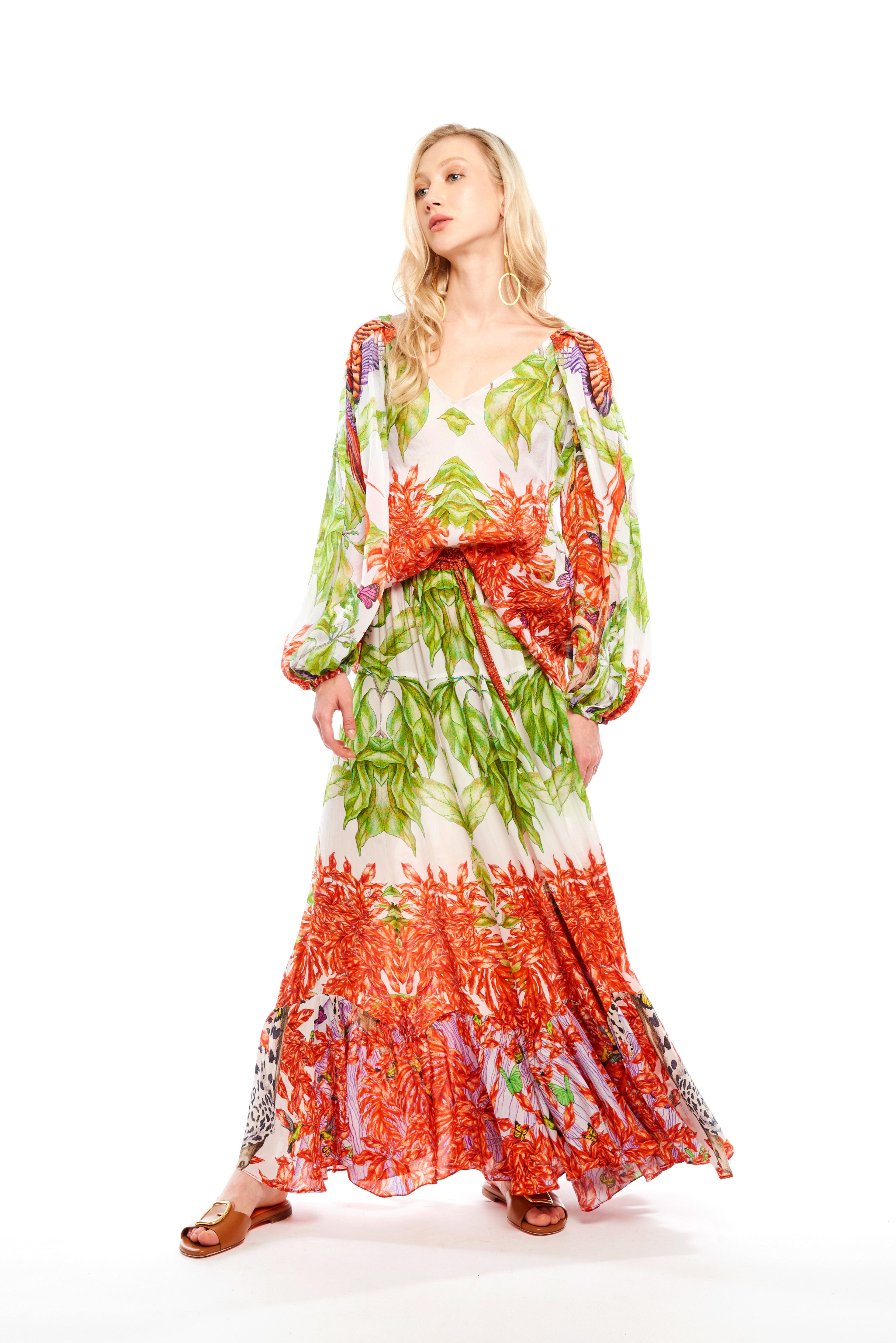 Long ruffled skirt in Jungle Sunset print, natural crepe