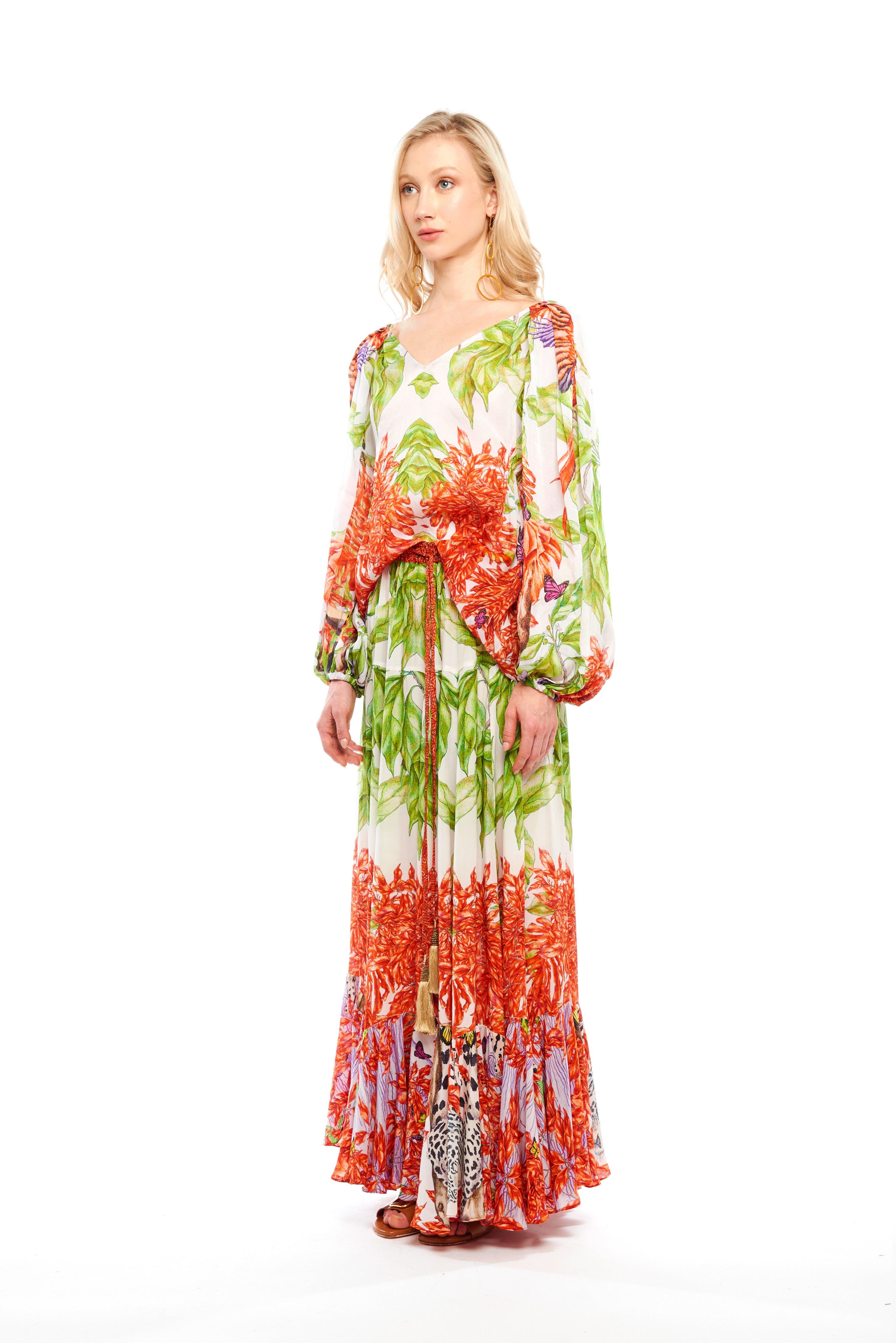 Long ruffled skirt in Jungle Sunset print, natural crepe