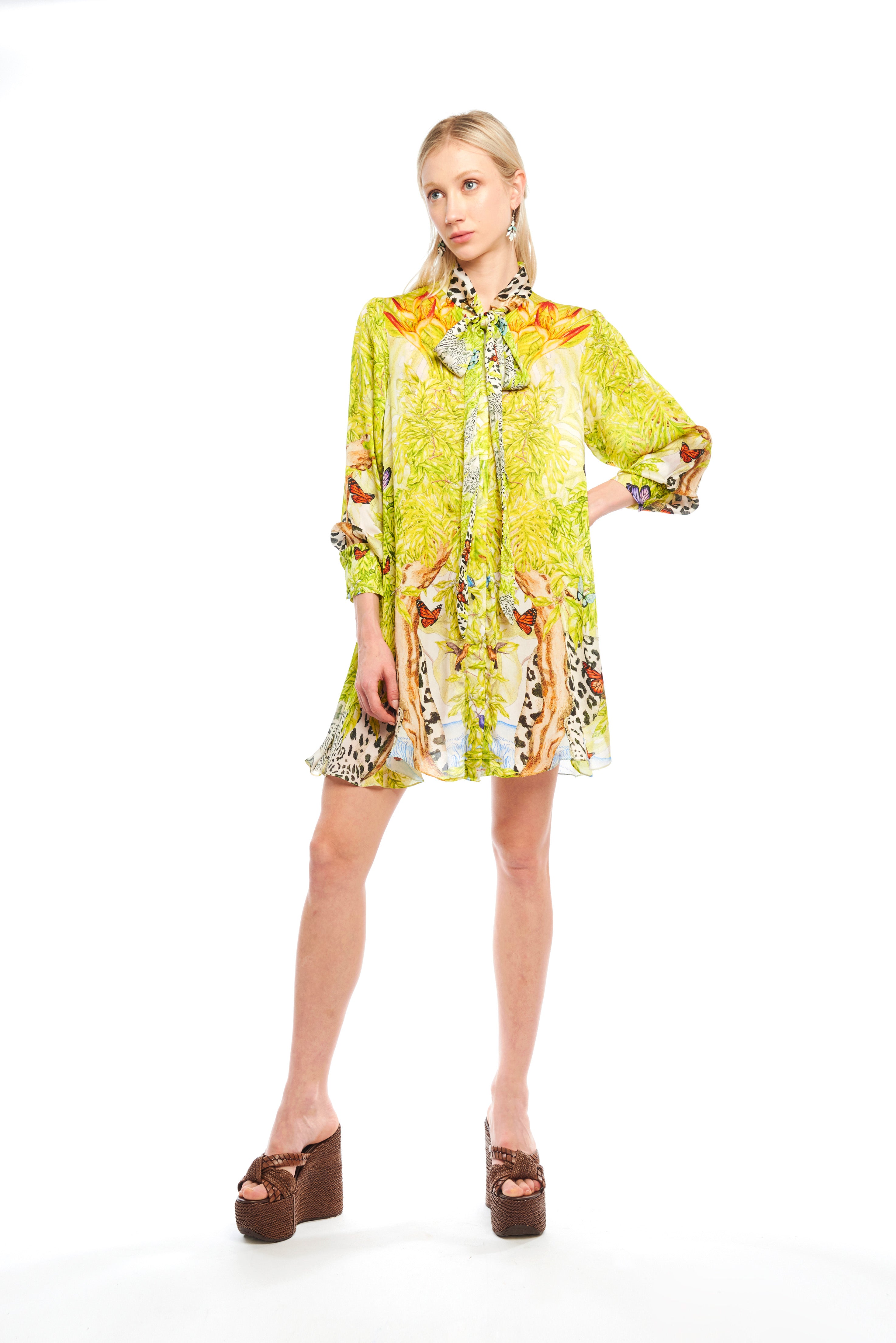 Bow neck long shirt in Jungle Pop print, Cherry satin