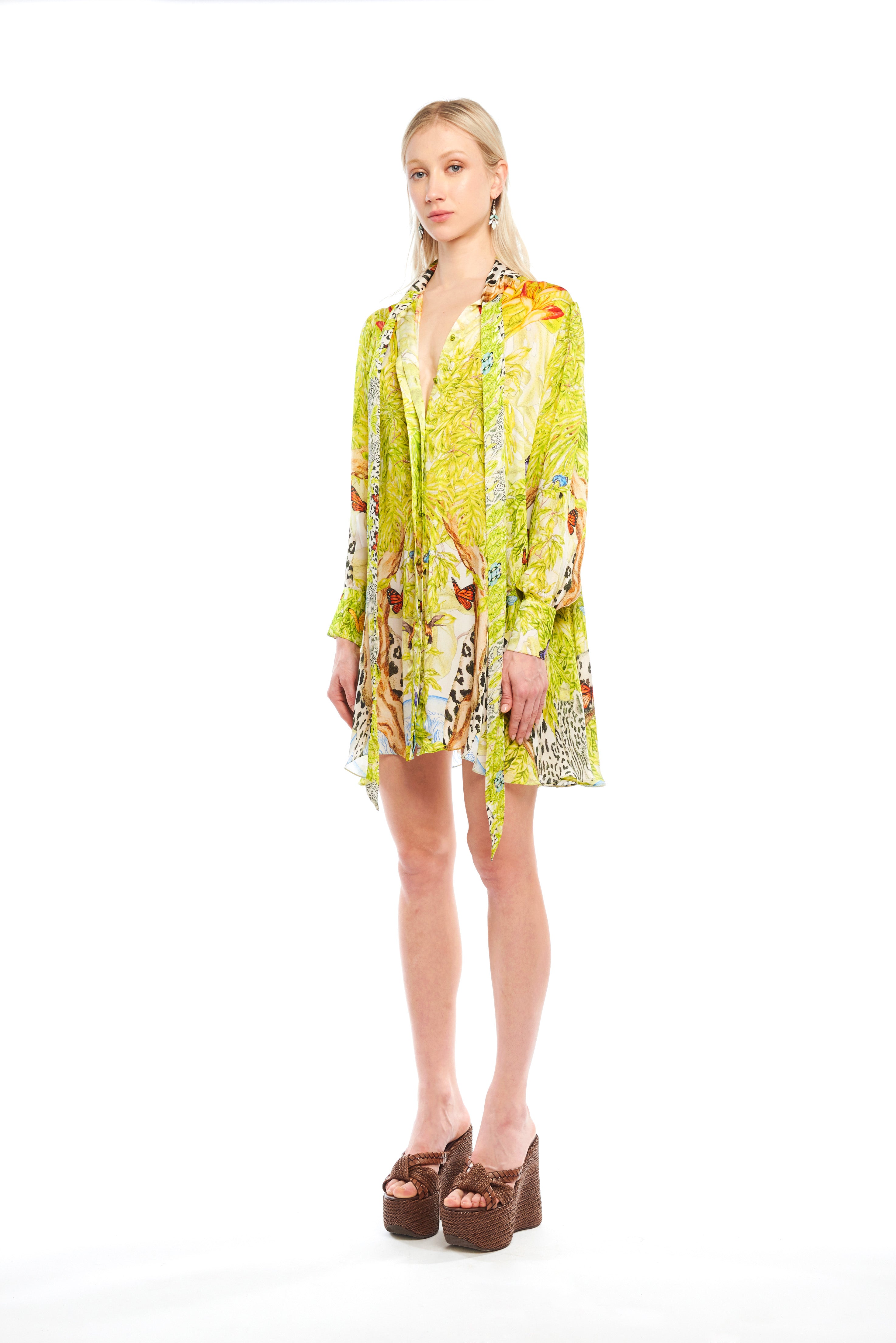 Bow neck long shirt in Jungle Pop print, Cherry satin
