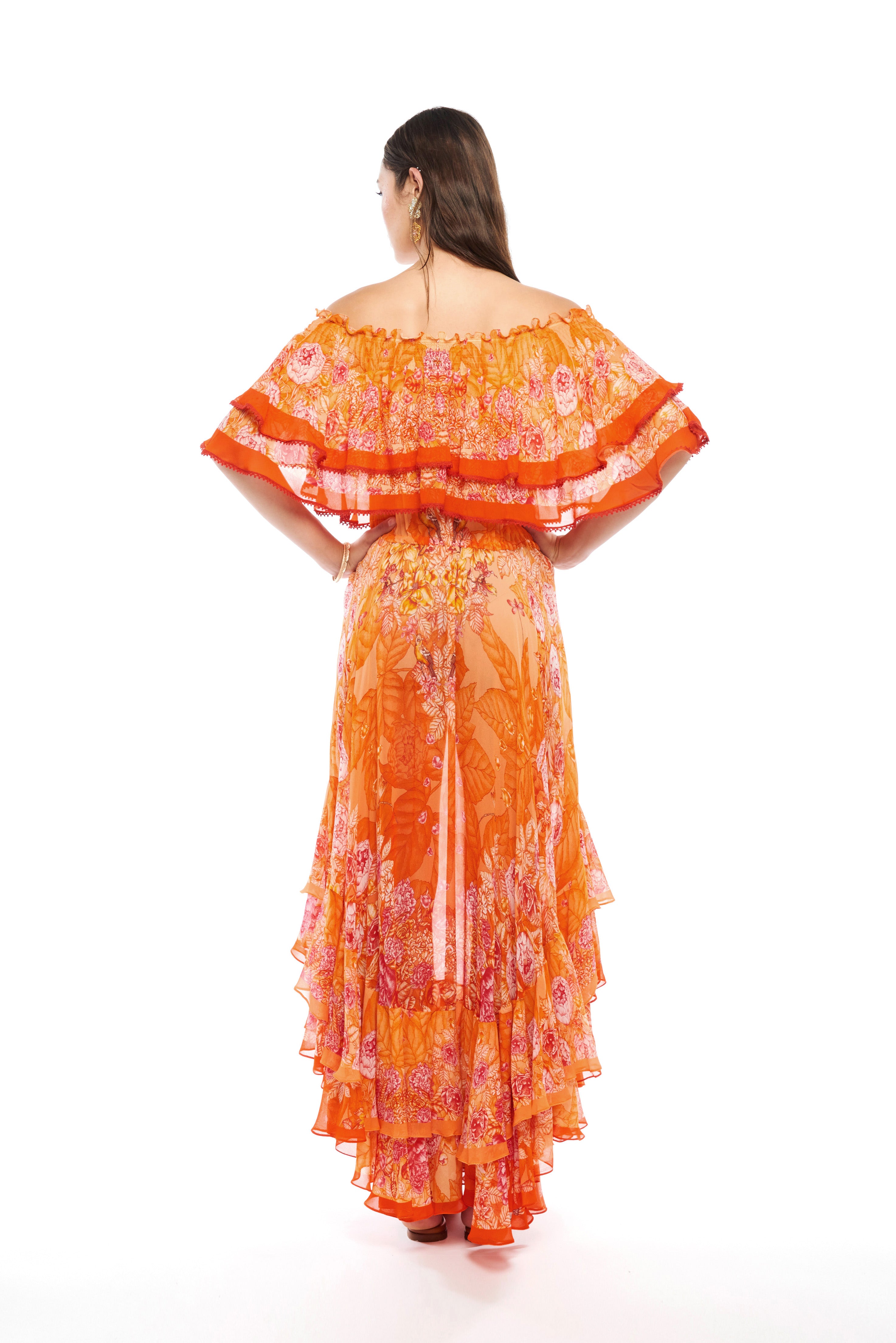 Ruffle dress in Jungle Sunset print, georgette viscose