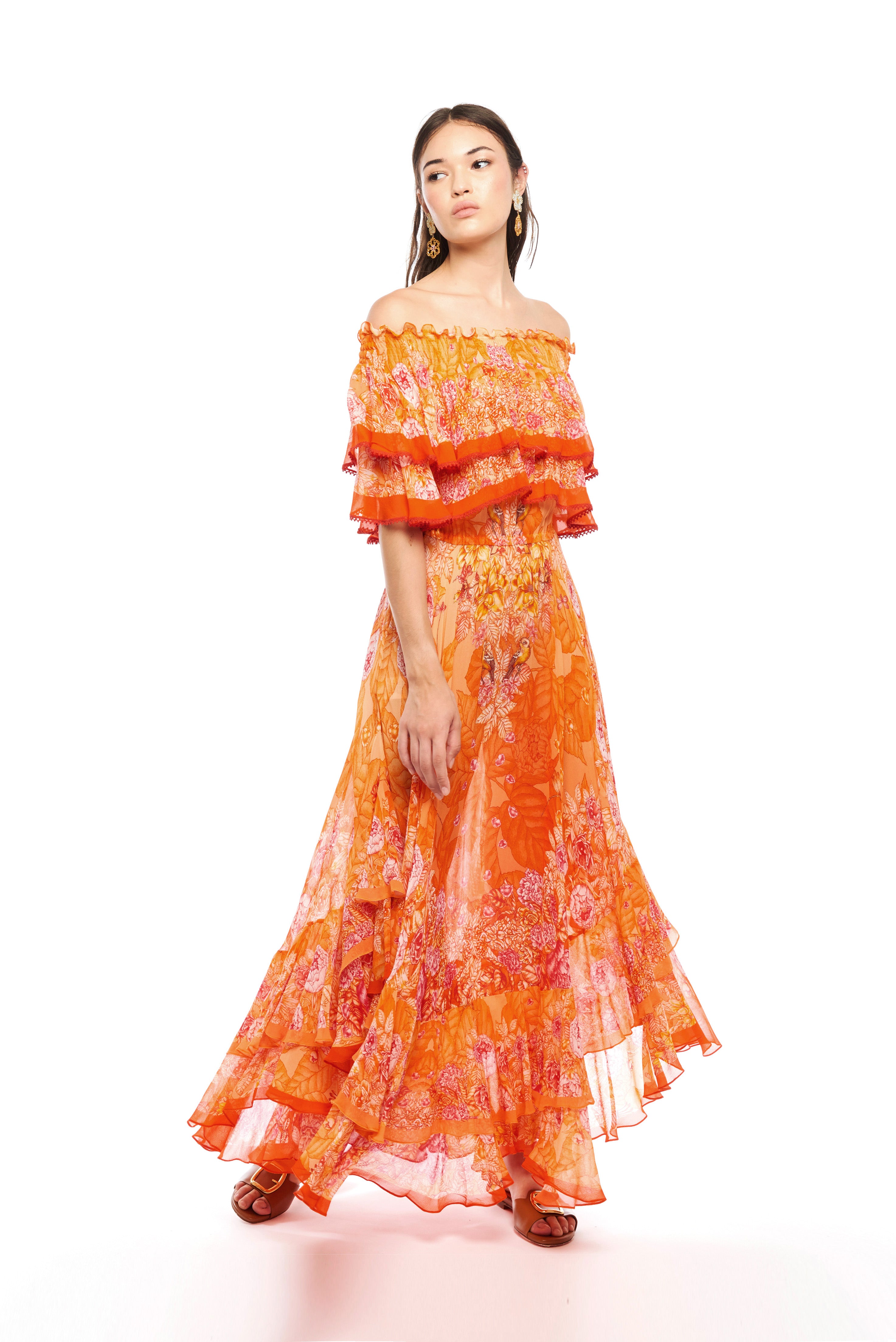 Ruffle dress in Jungle Sunset print, georgette viscose
