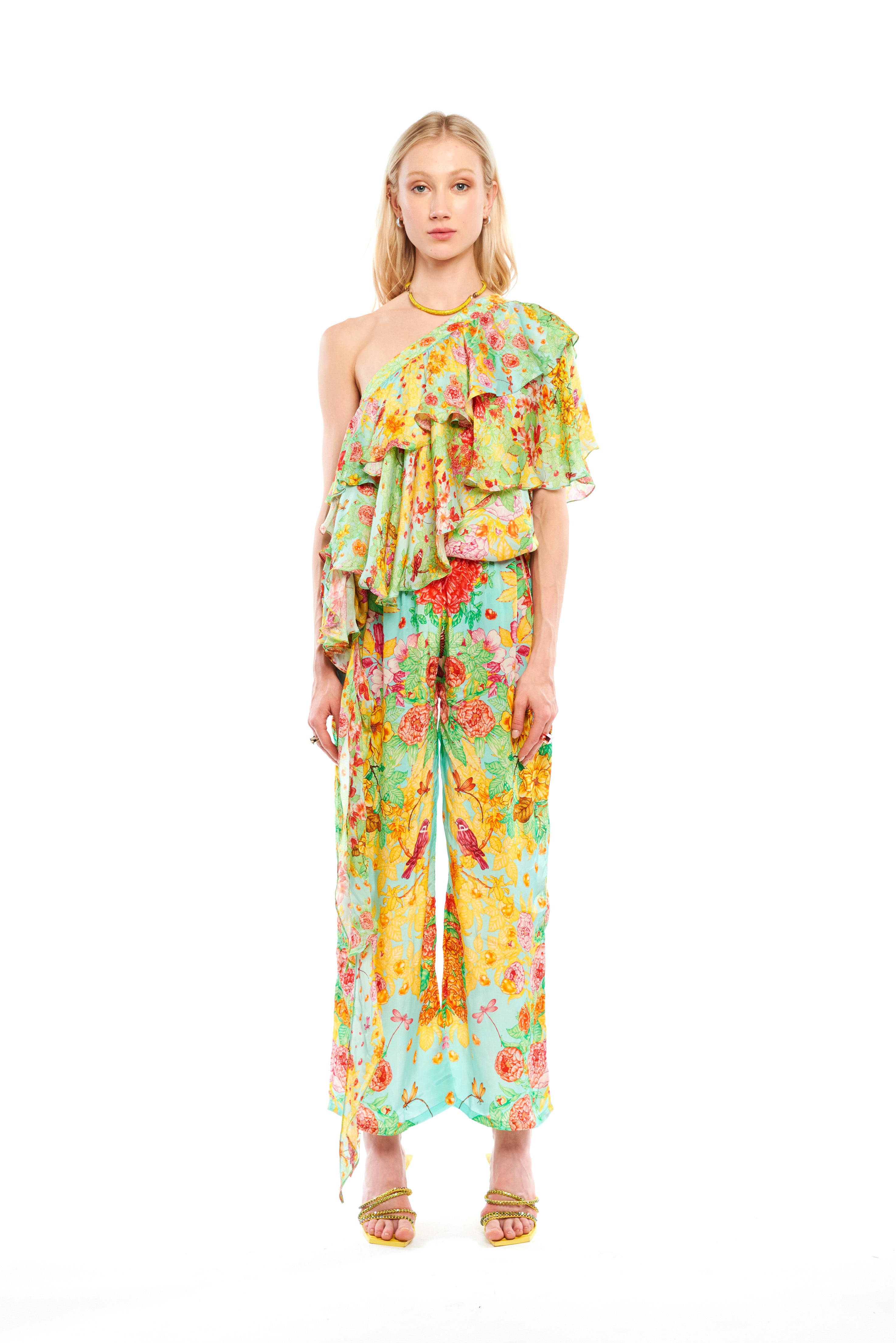Asymmetrical ruffle top in Garden Green print, Cherry satin