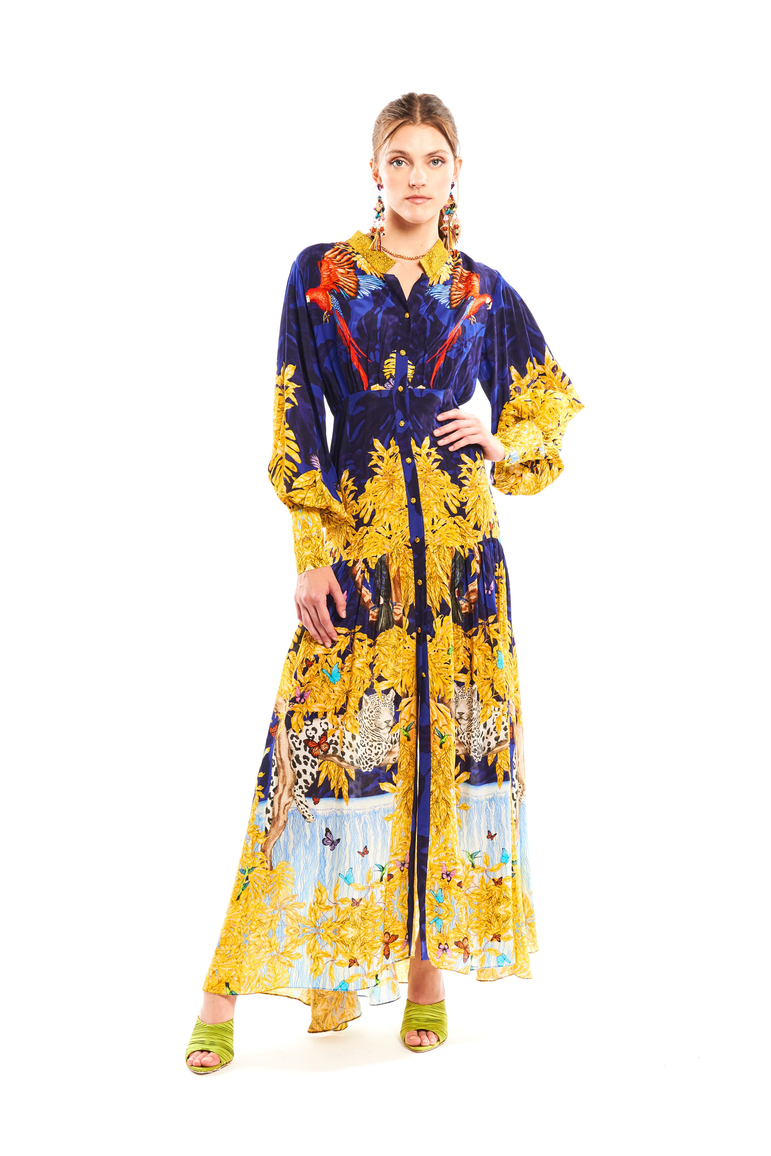 Rich puffy chemisier in Jungle Night print, natural crepe