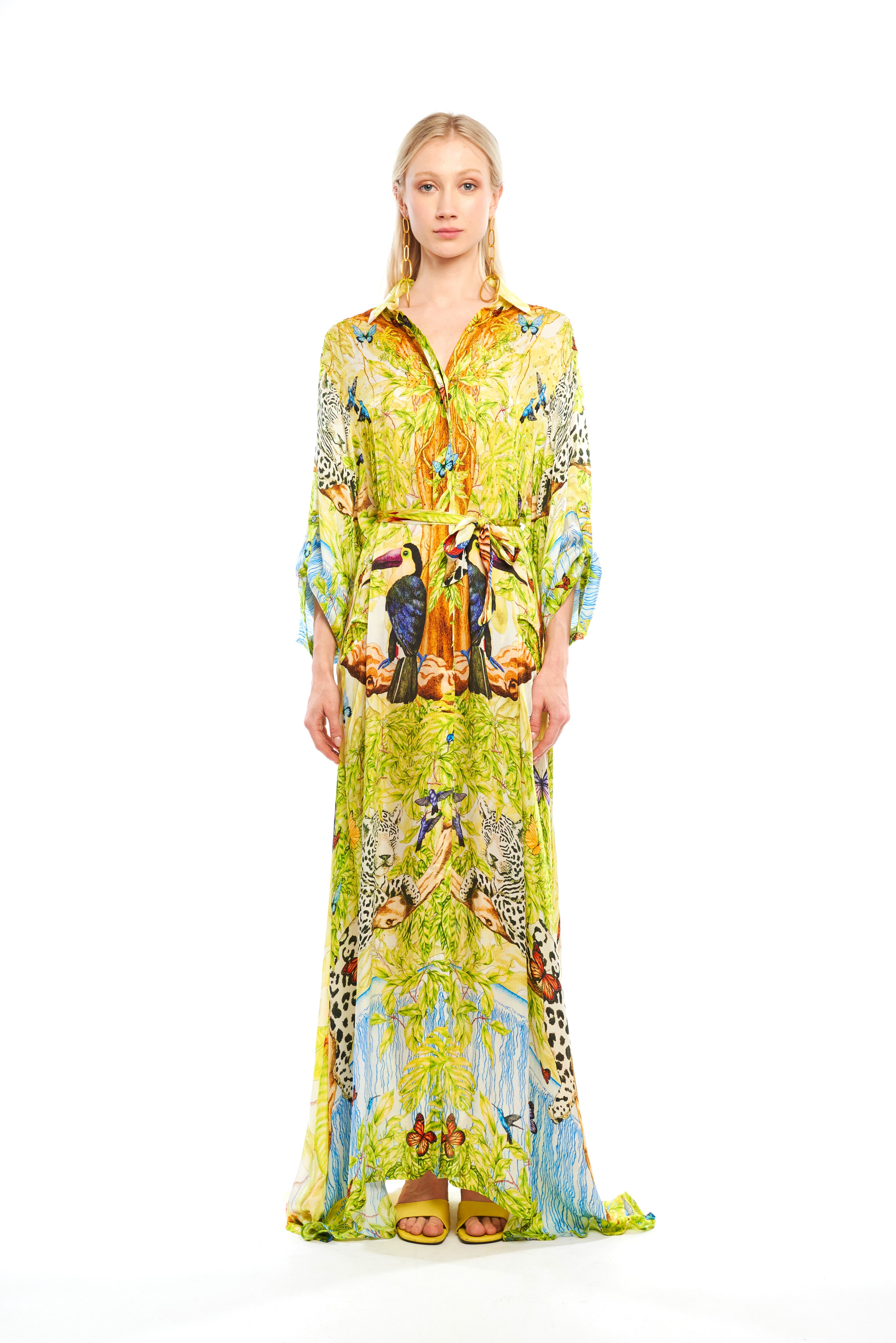 Long oversized chemisier in Jungle Night print, Cherry satin