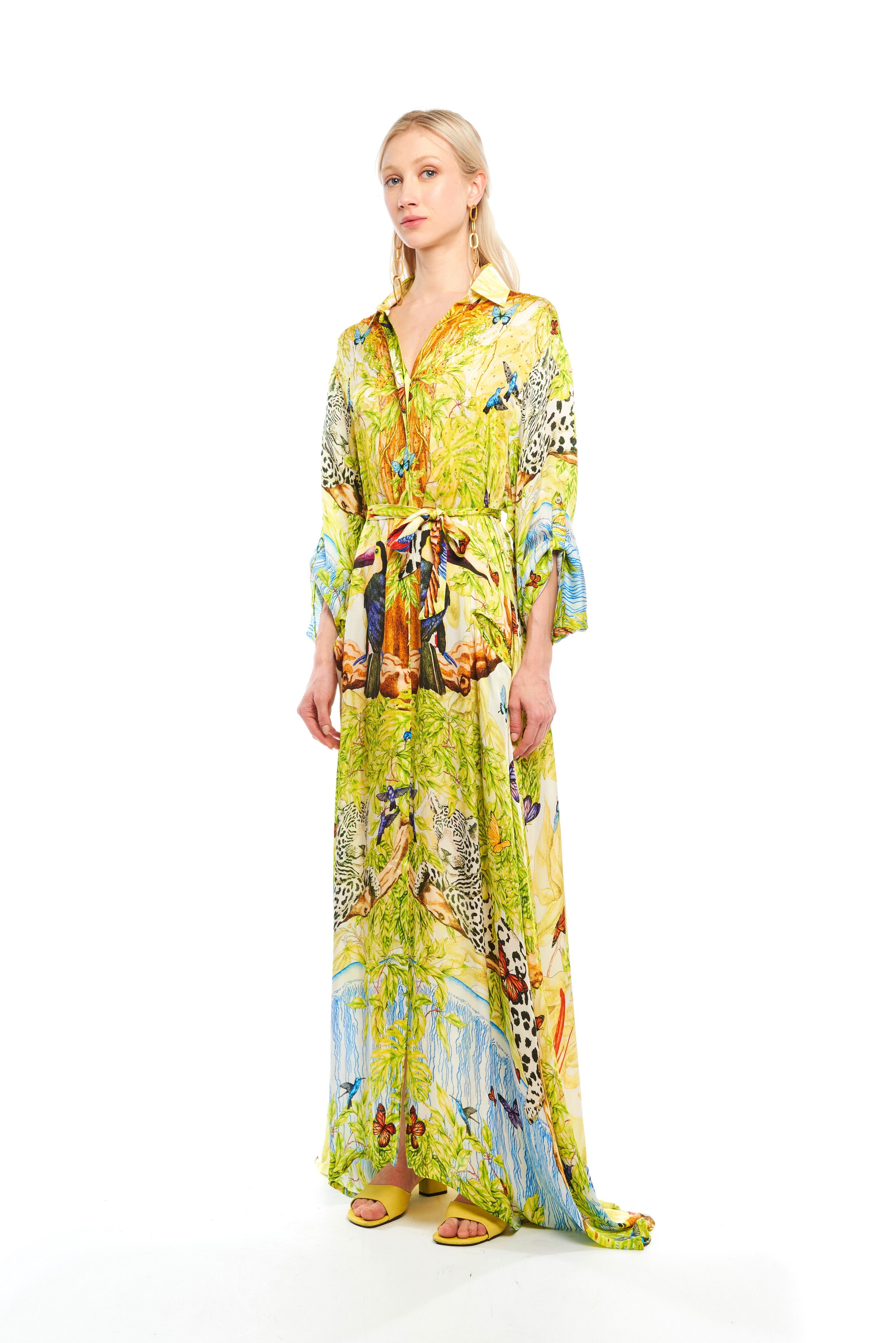 Long oversized chemisier in Jungle Night print, Cherry satin