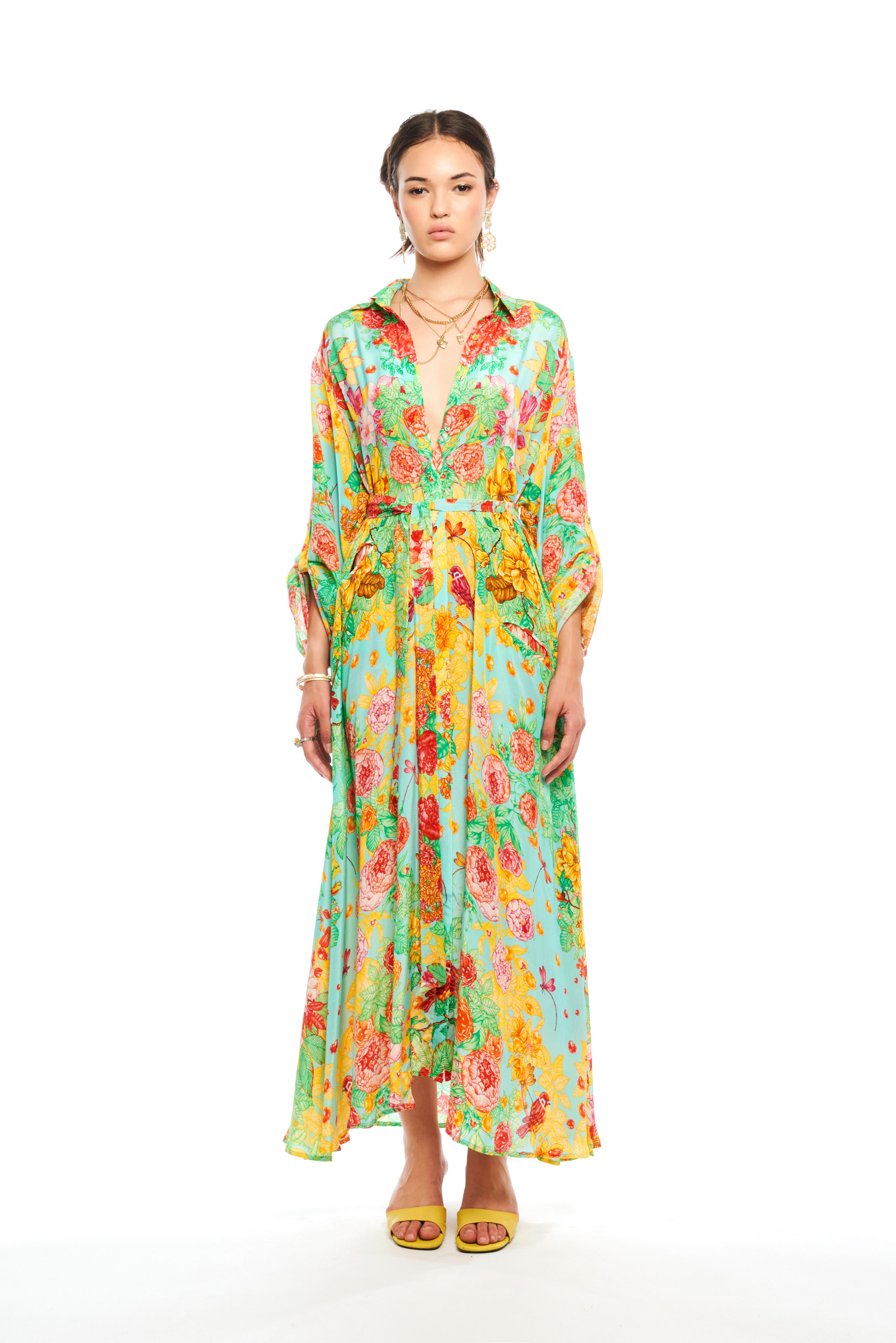 Long oversized chemisier in Garden Green print, natural crepe