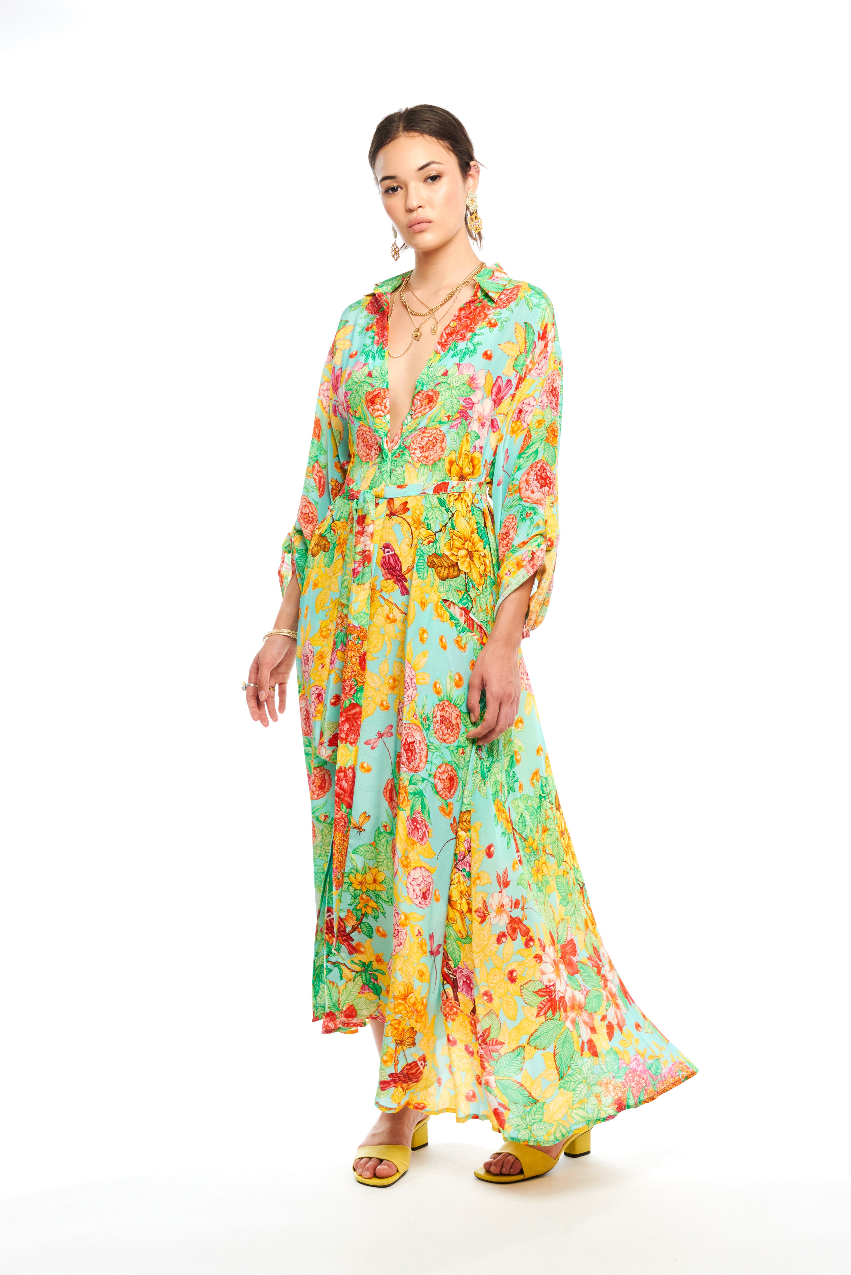 Long oversized chemisier in Garden Green print, natural crepe