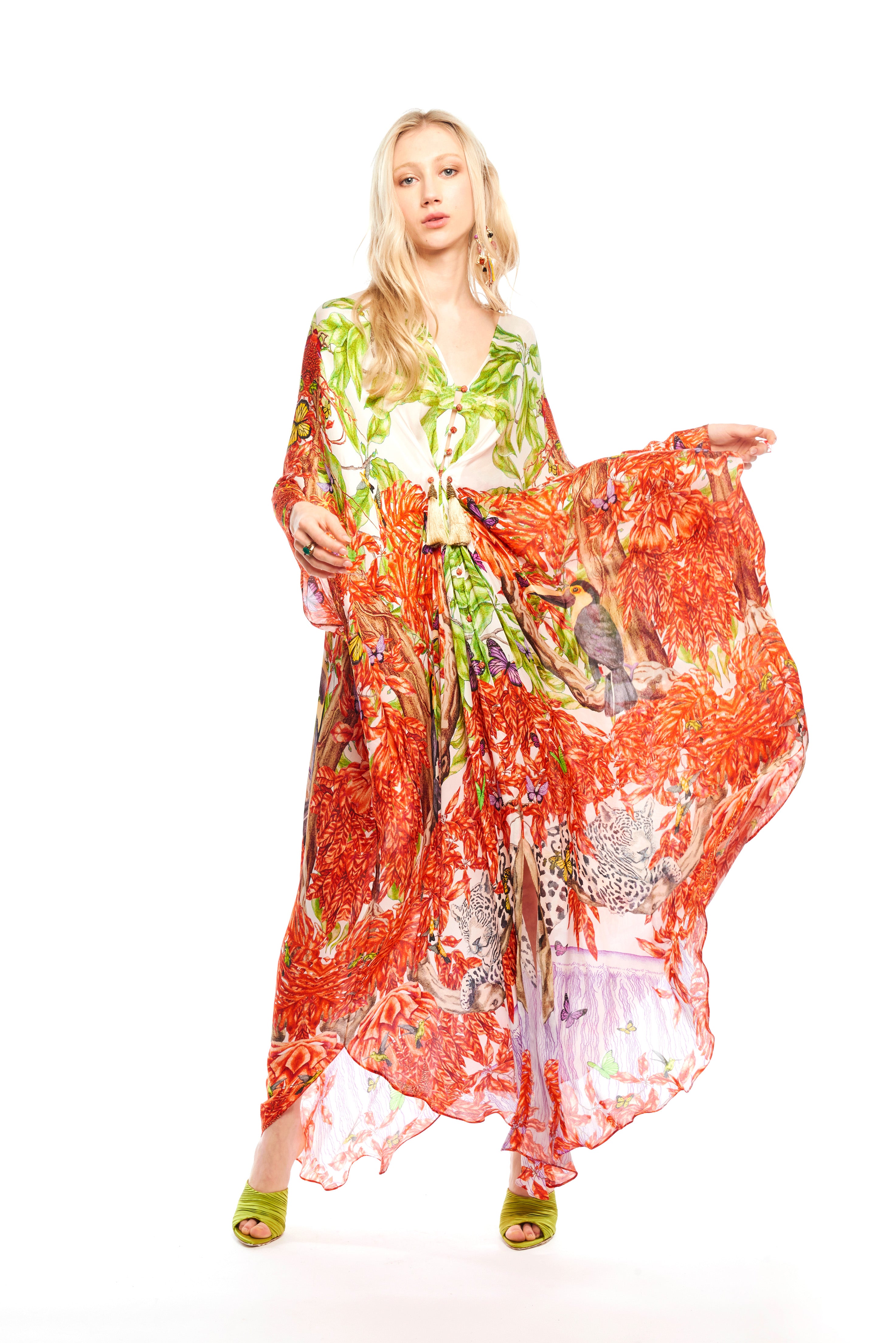 Ella gathered cover-up in Jungle Sunset print, Cherry satin