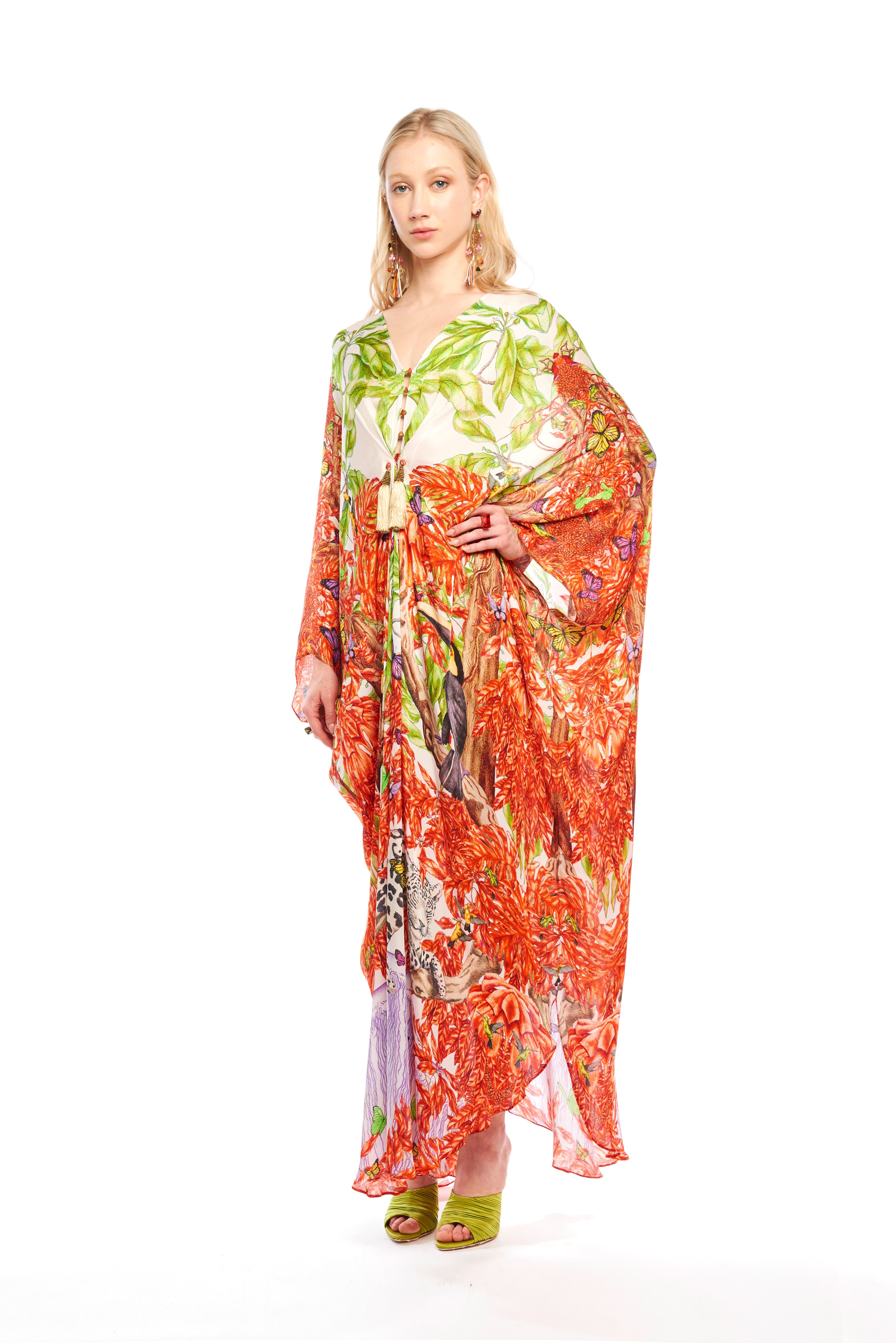 Ella gathered cover-up in Jungle Sunset print, Cherry satin