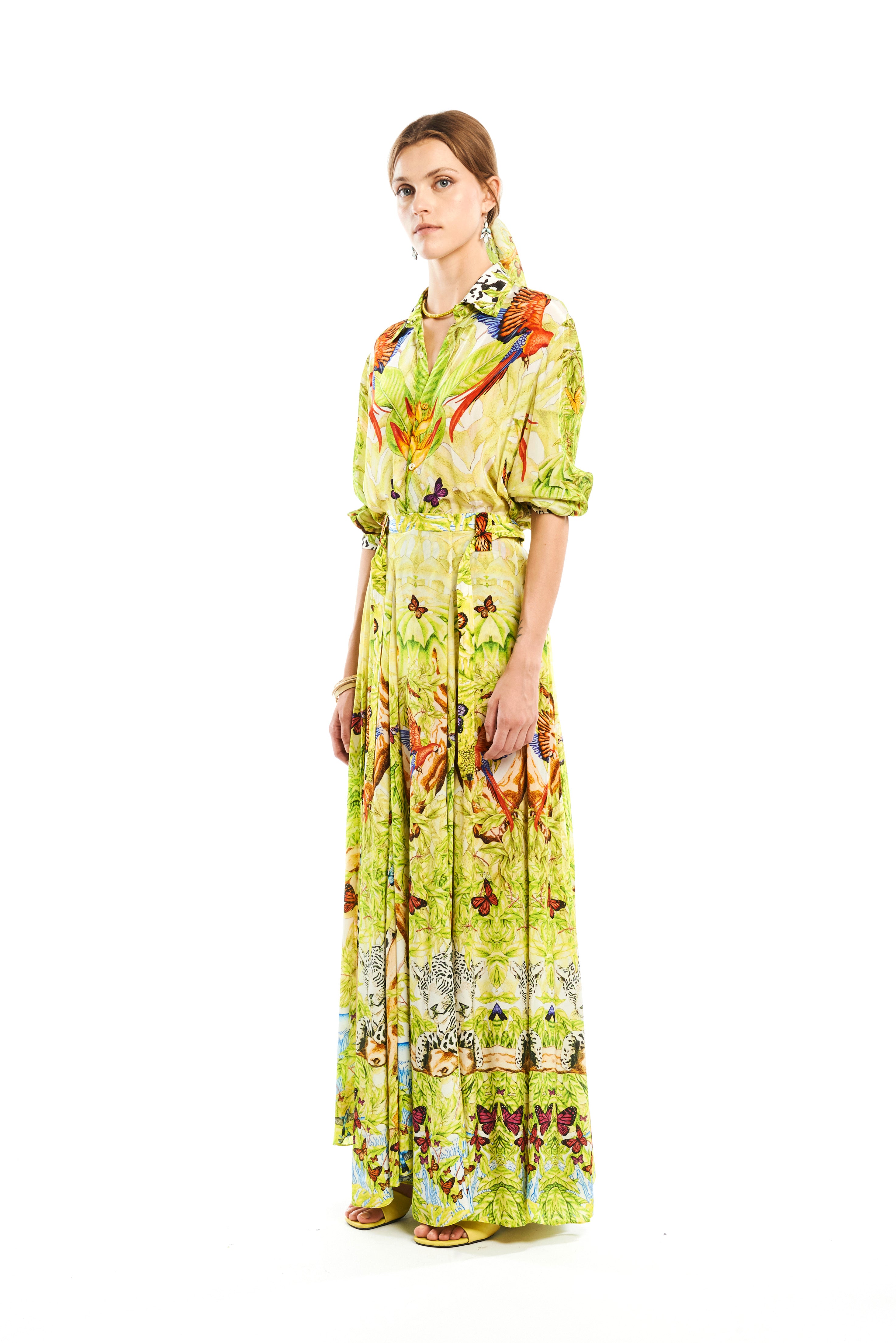 Triangle long skirt in Jungle Day print, natural crepe