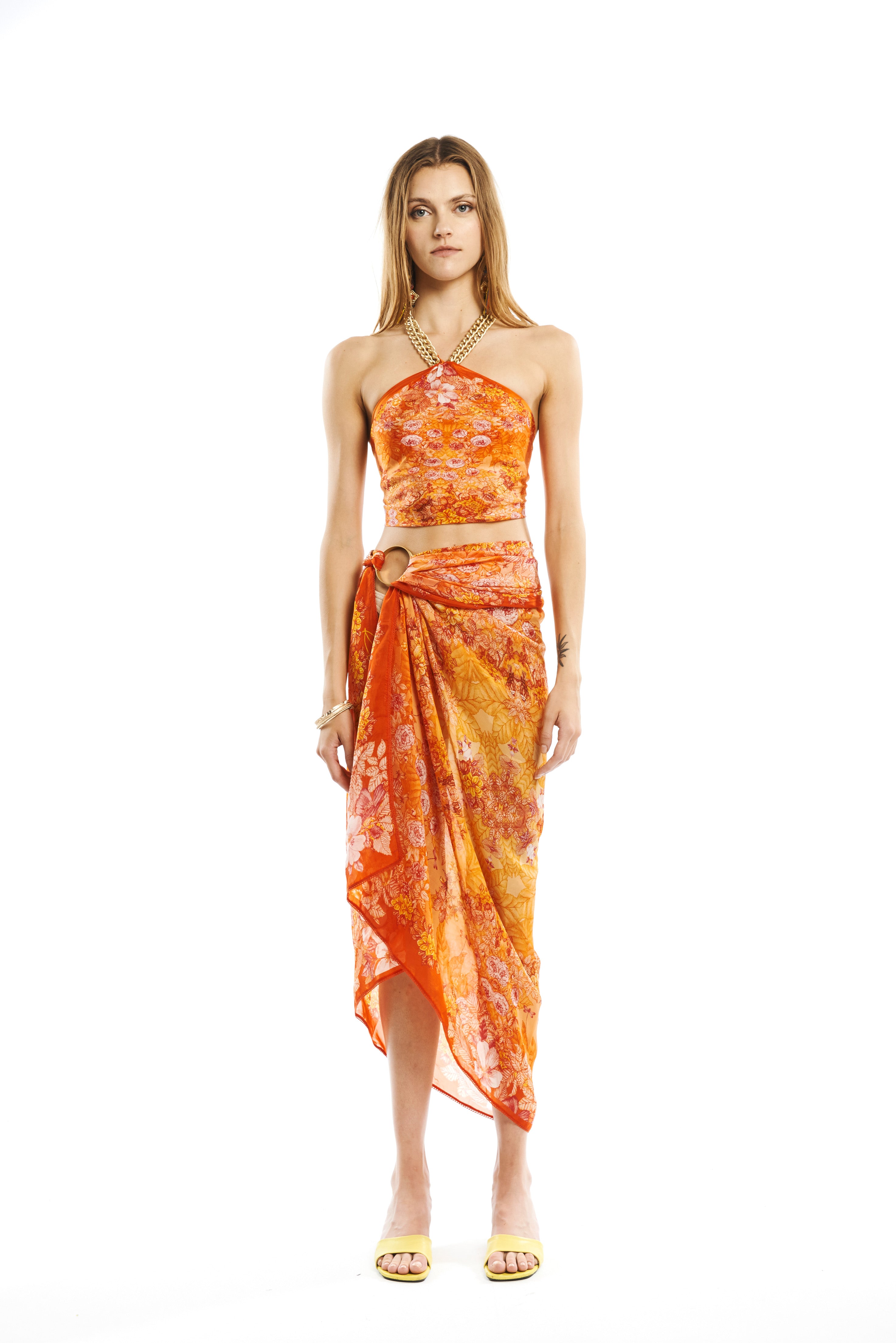 Small Garden Orange scarf in Taby silk