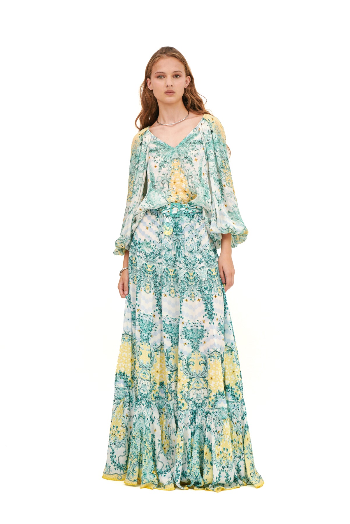 Long skirt with ruffled details.