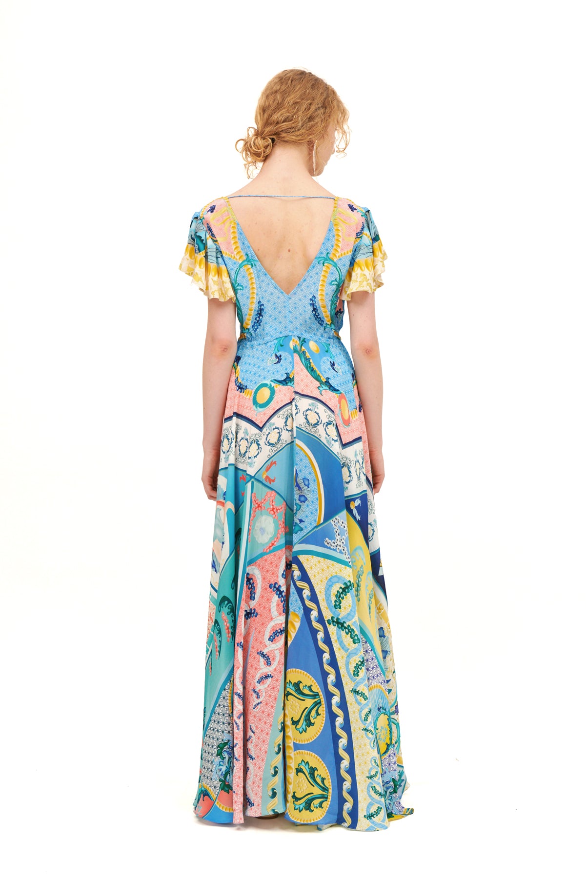 V - SHAPE LONG DRESS WITH BELL SLEEVES