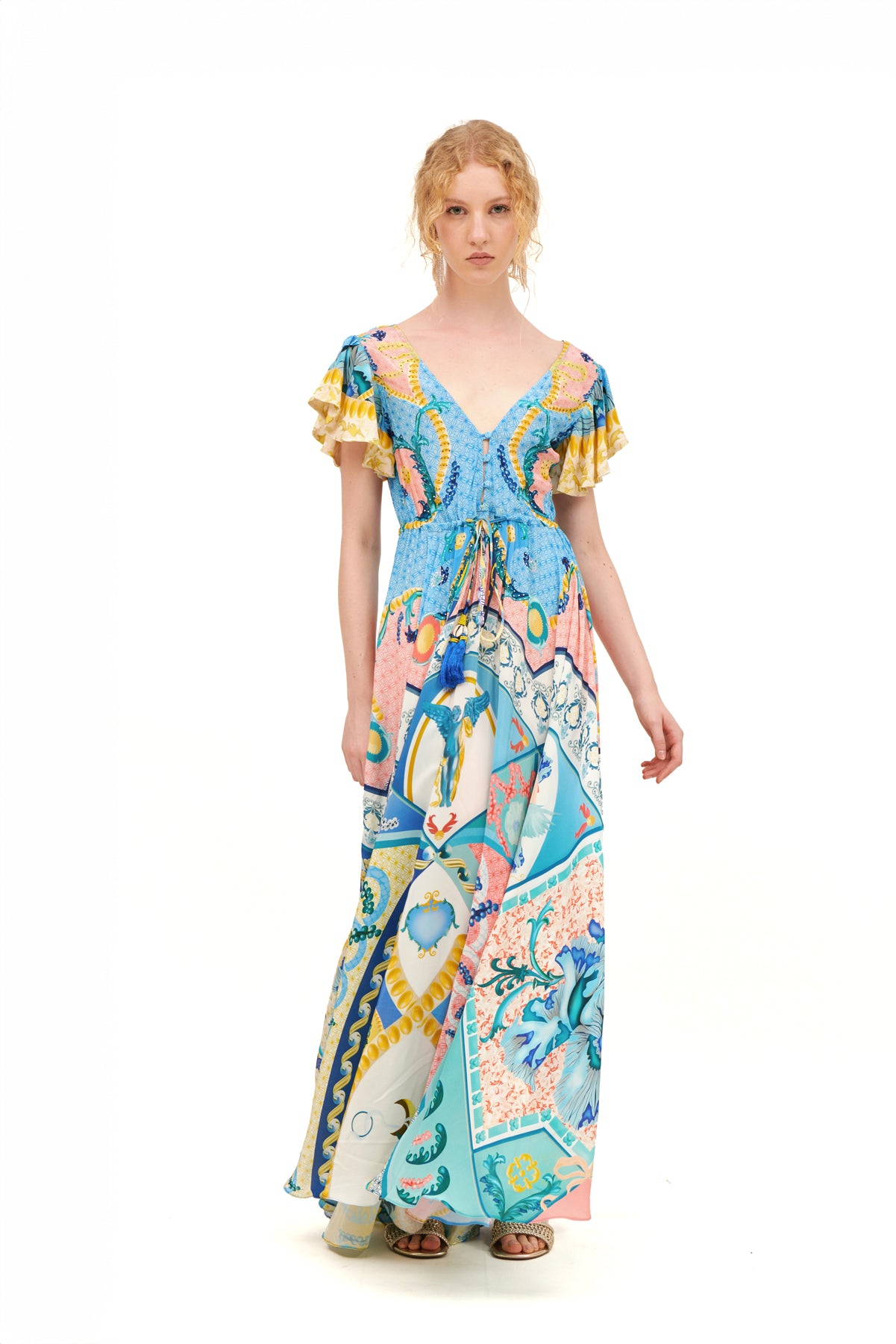 V - SHAPE LONG DRESS WITH BELL SLEEVES