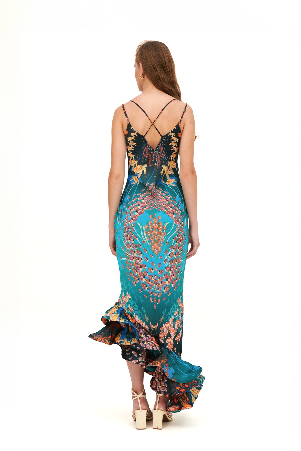 Long dress with curled hem detail.