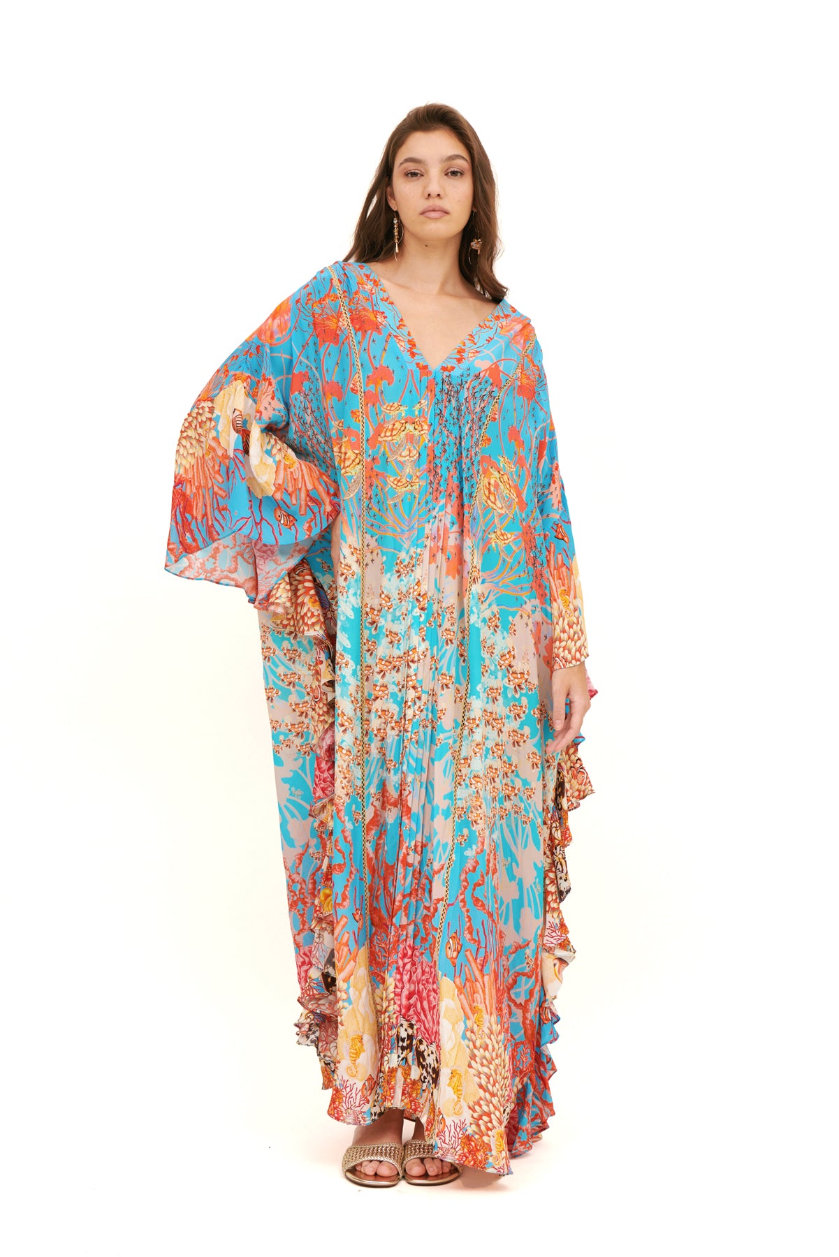 Long side flounce detail kaftan with a flowing silhouette, featuring elegant side flounces for a relaxed yet sophisticated look.