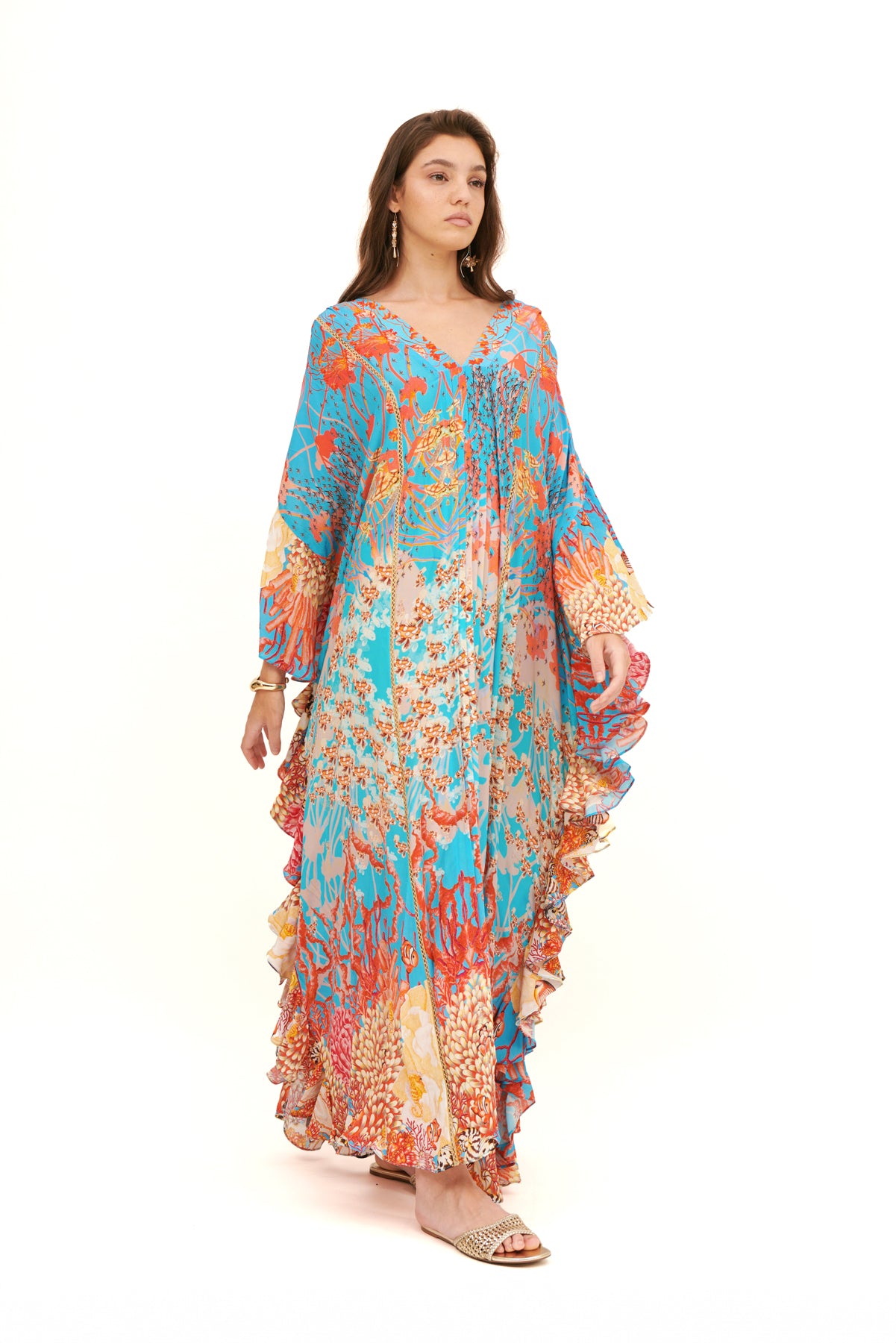 Long side flounce detail kaftan with a flowing silhouette, featuring elegant side flounces for a relaxed yet sophisticated look.
