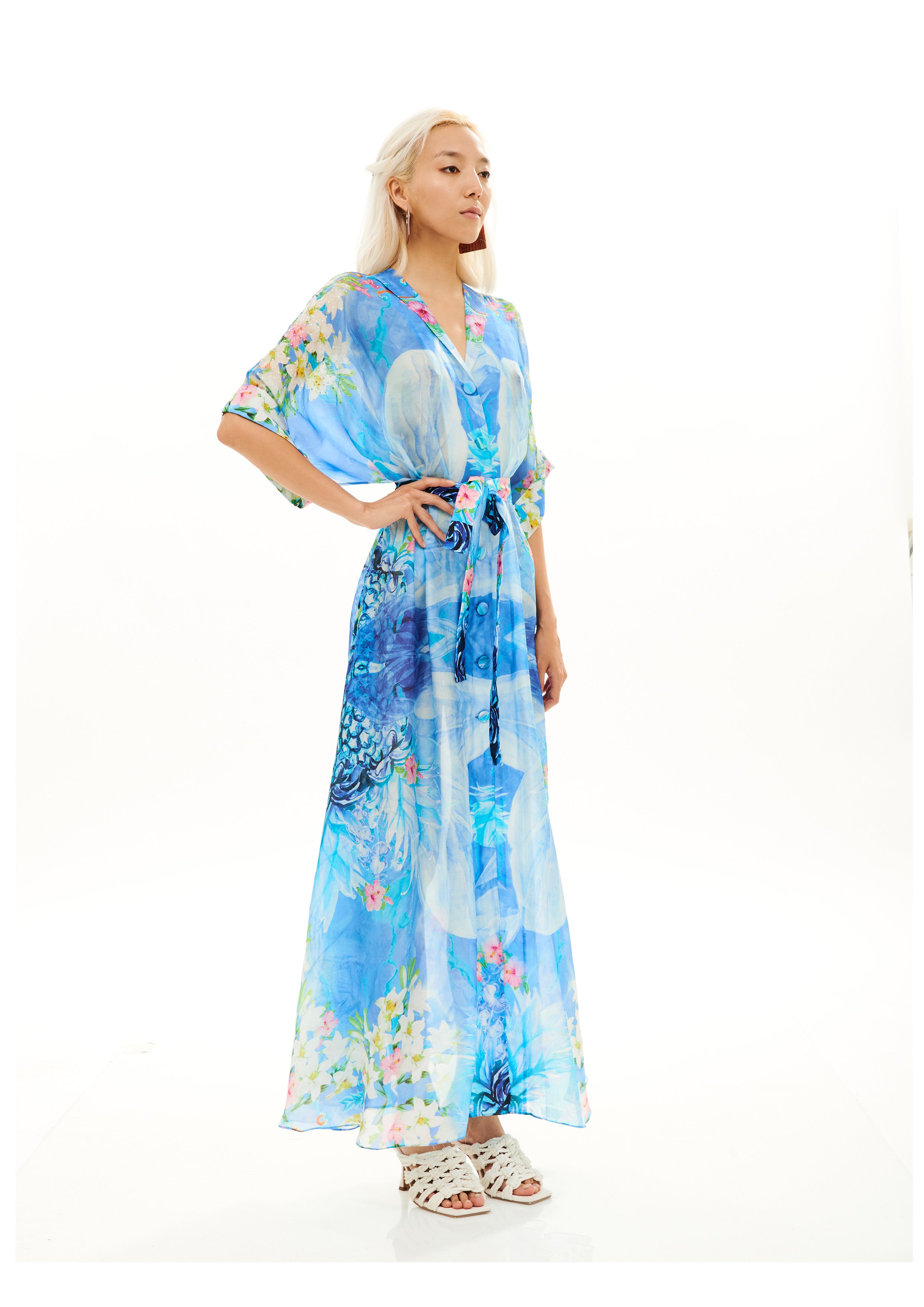 Shorter kimono cover-up in Linen Satin with "Monogram Tropical Sunrise" print.