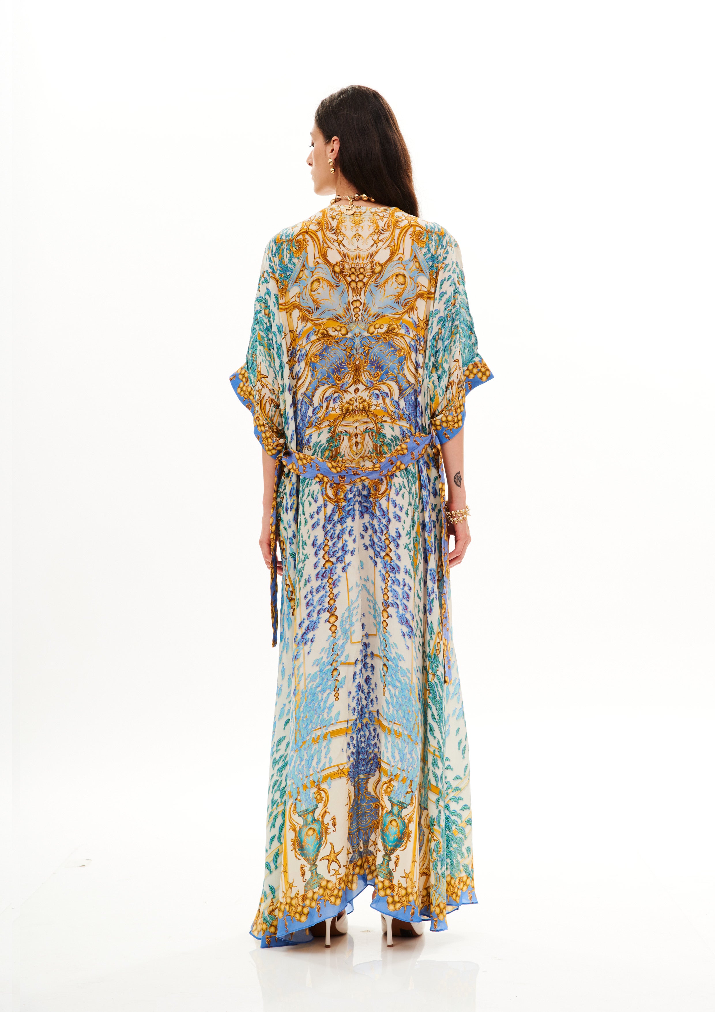 Kimono cover-up in Natural Crepe with "Poseidon Dream Day" print.
