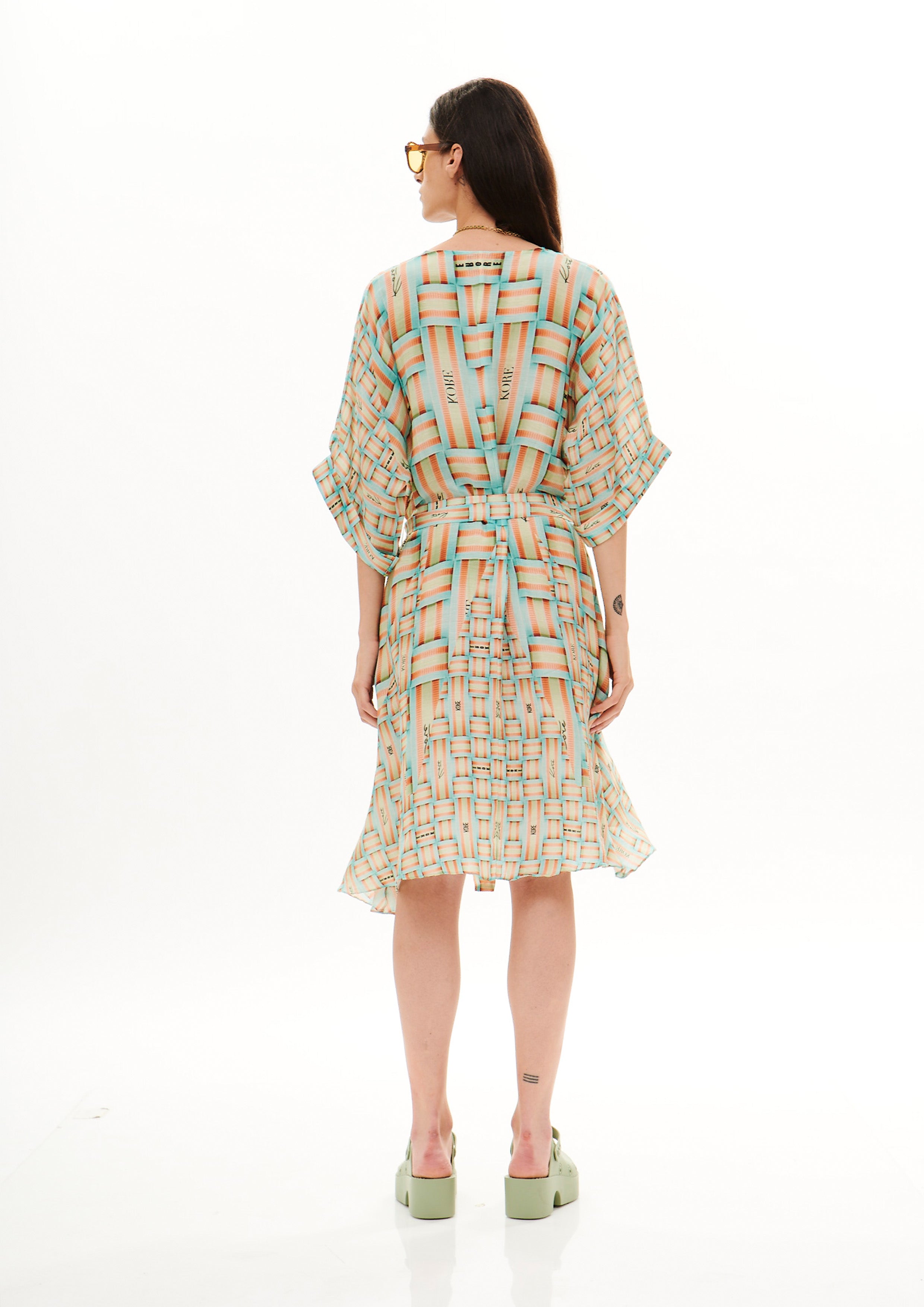 Short kimono cover-up in Linen Satin with "Monogram Tropical Sunrise" print.