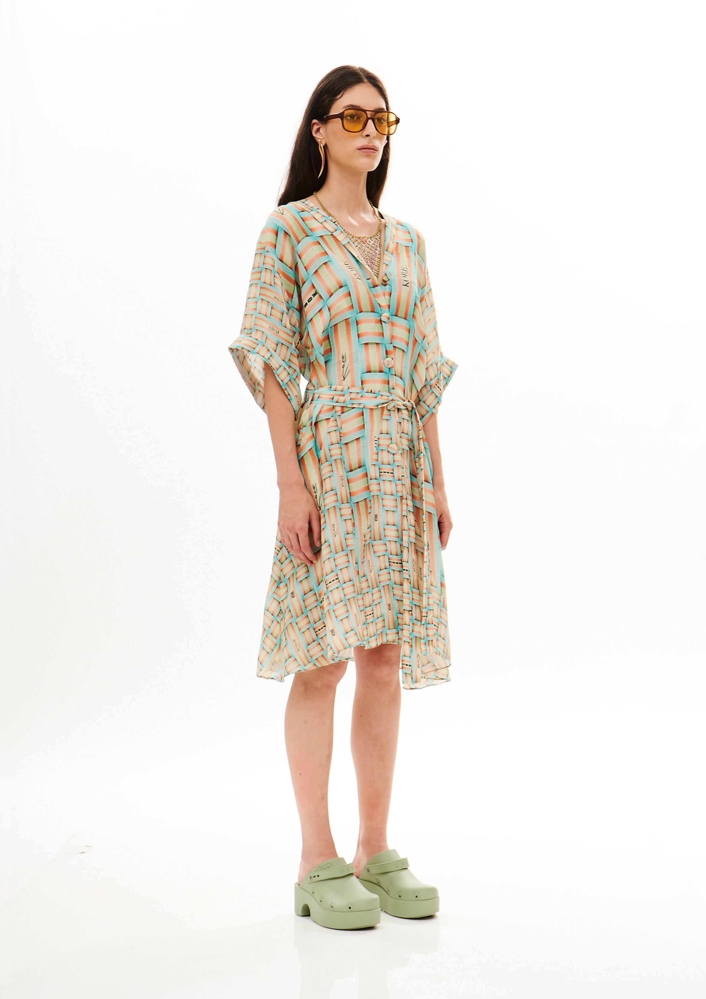 Short kimono cover-up in Linen Satin with "Monogram Tropical Sunrise" print.