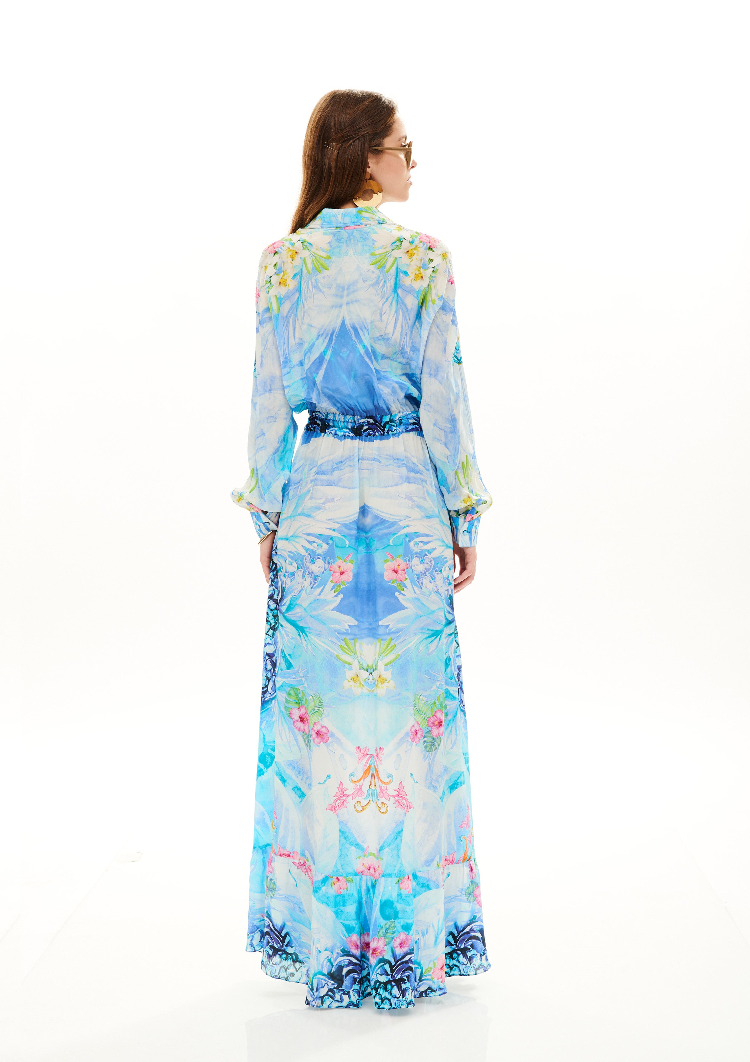 Long ruffle chemisier in Natural Crepe with "Tropical Fresh Breeze" print.