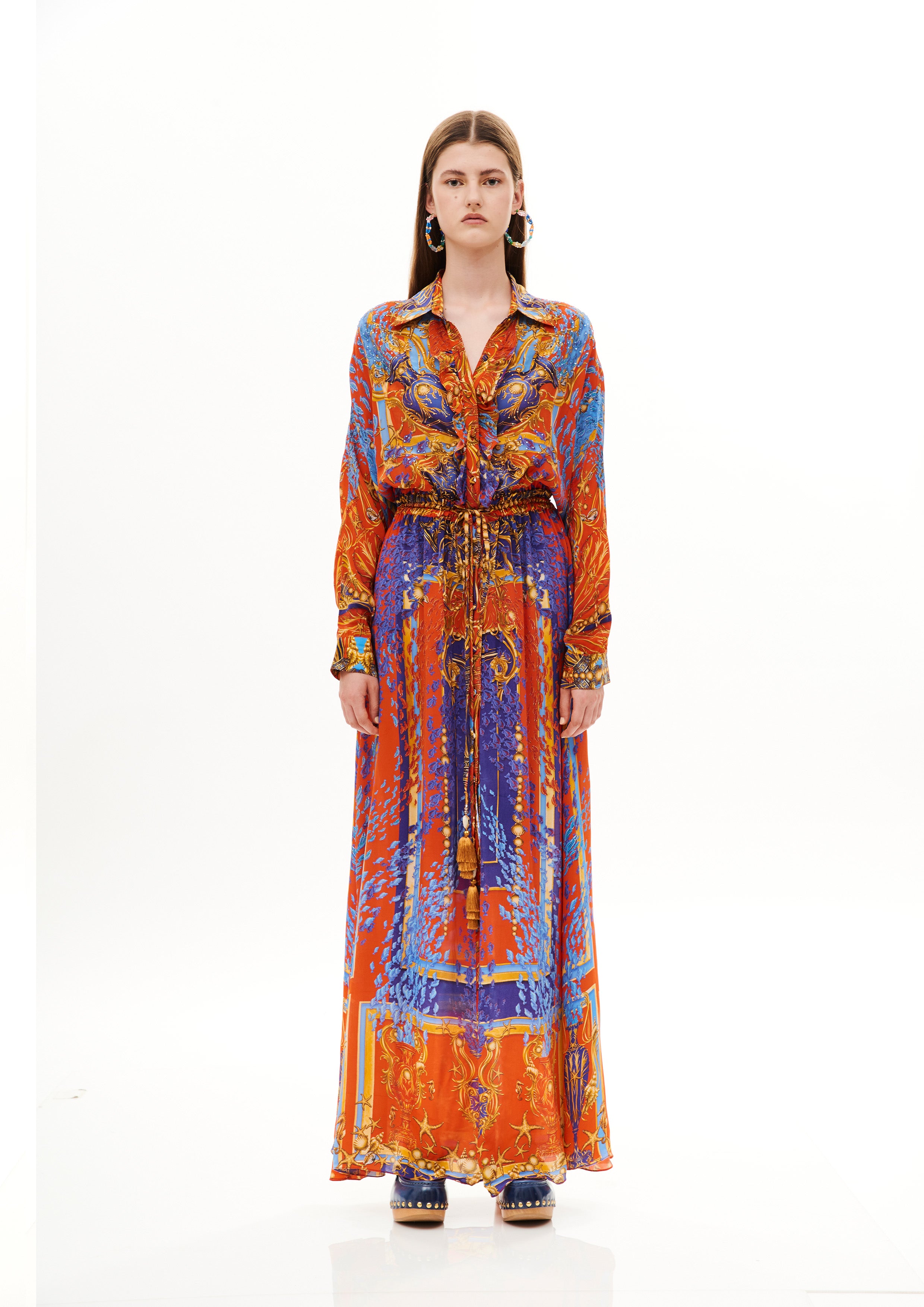 Long ruffle chemisier in Natural Crepe with "Poseidon Dream Sunset" print.