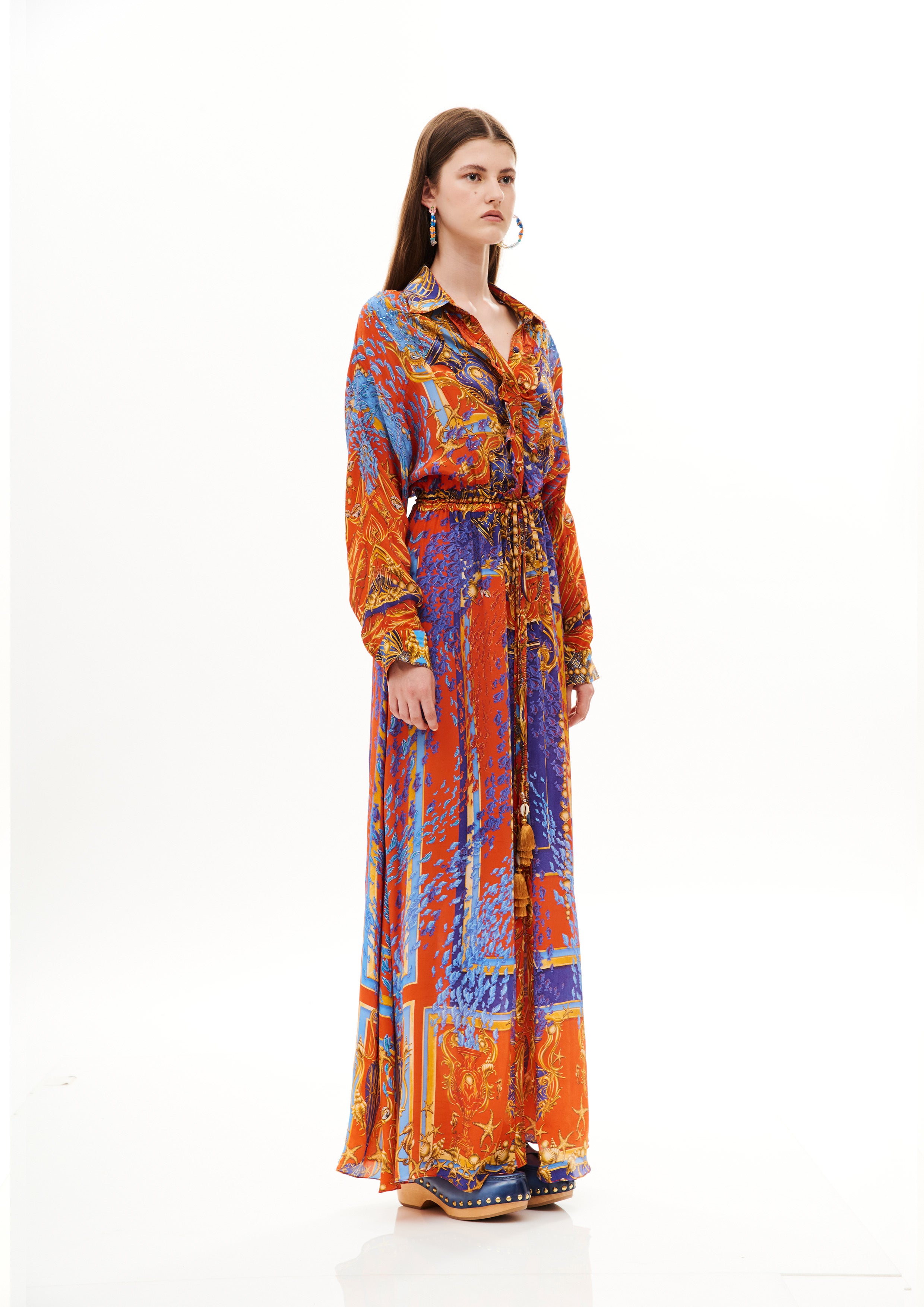 Long ruffle chemisier in Natural Crepe with "Poseidon Dream Sunset" print.