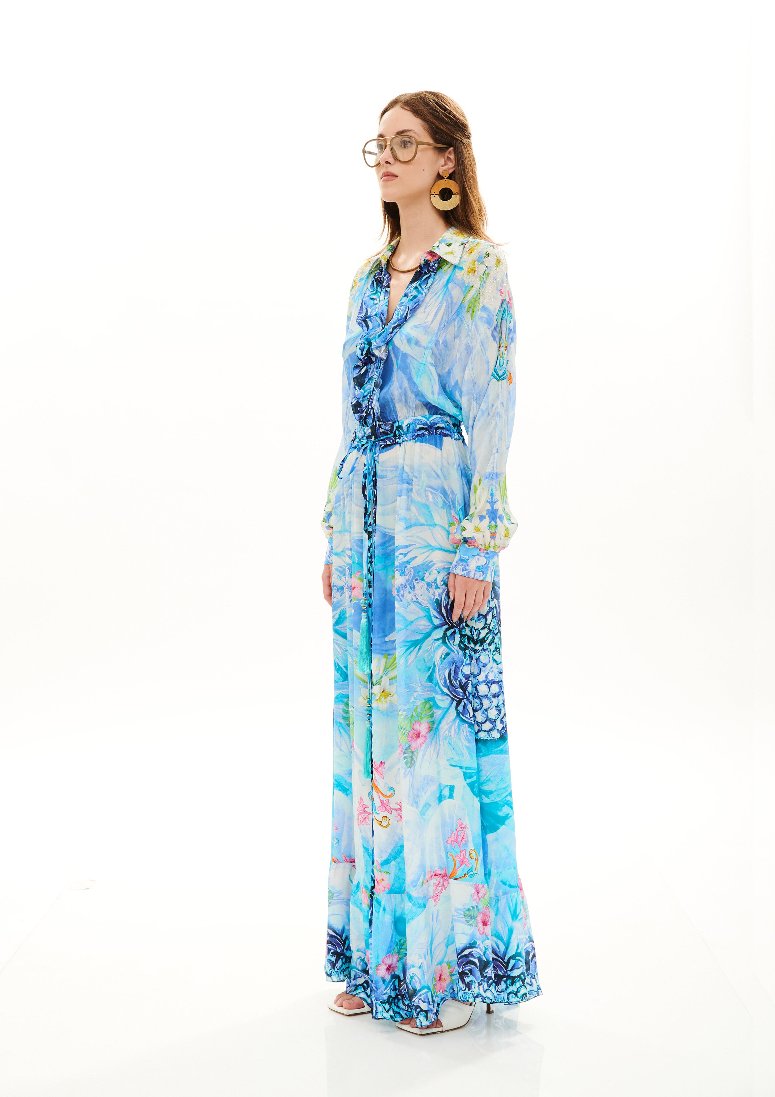Long ruffle chemisier in Natural Crepe with "Tropical Fresh Breeze" print.