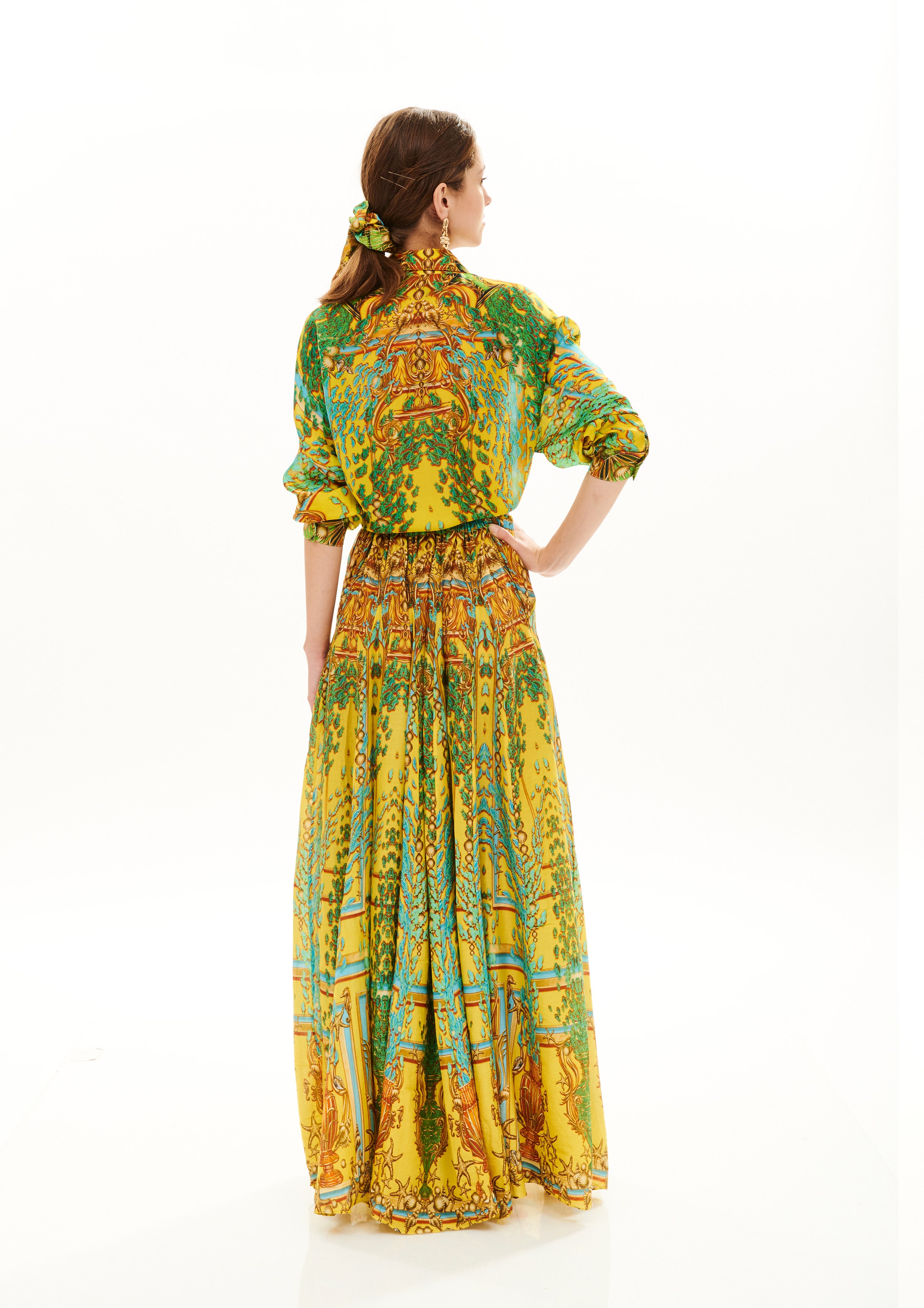 Full sleeves ruffle chemise in Georgette Satin with "Poseidon Dream Sunrise" print.
