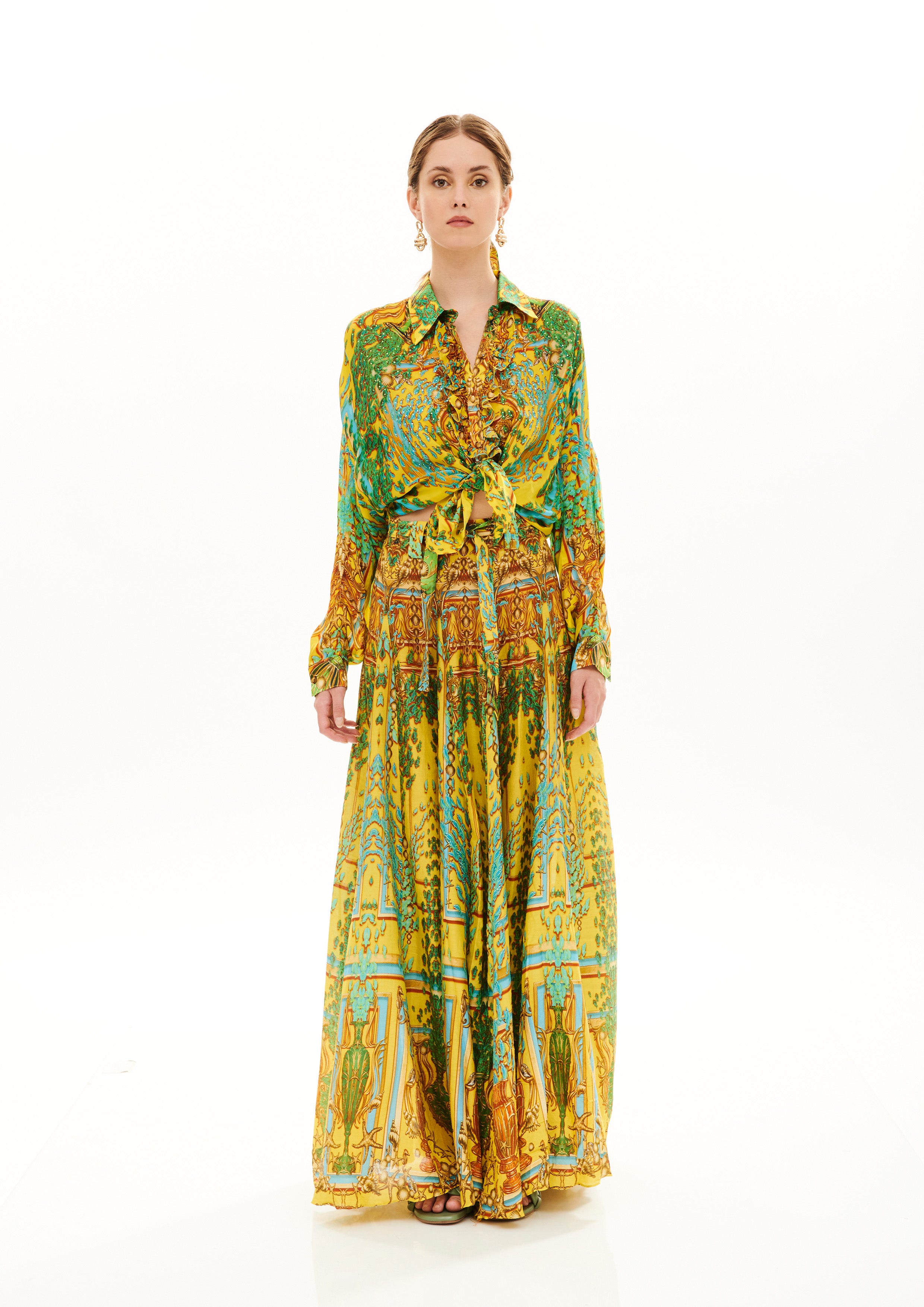 Full sleeves ruffle chemise in Georgette Satin with "Poseidon Dream Sunrise" print.