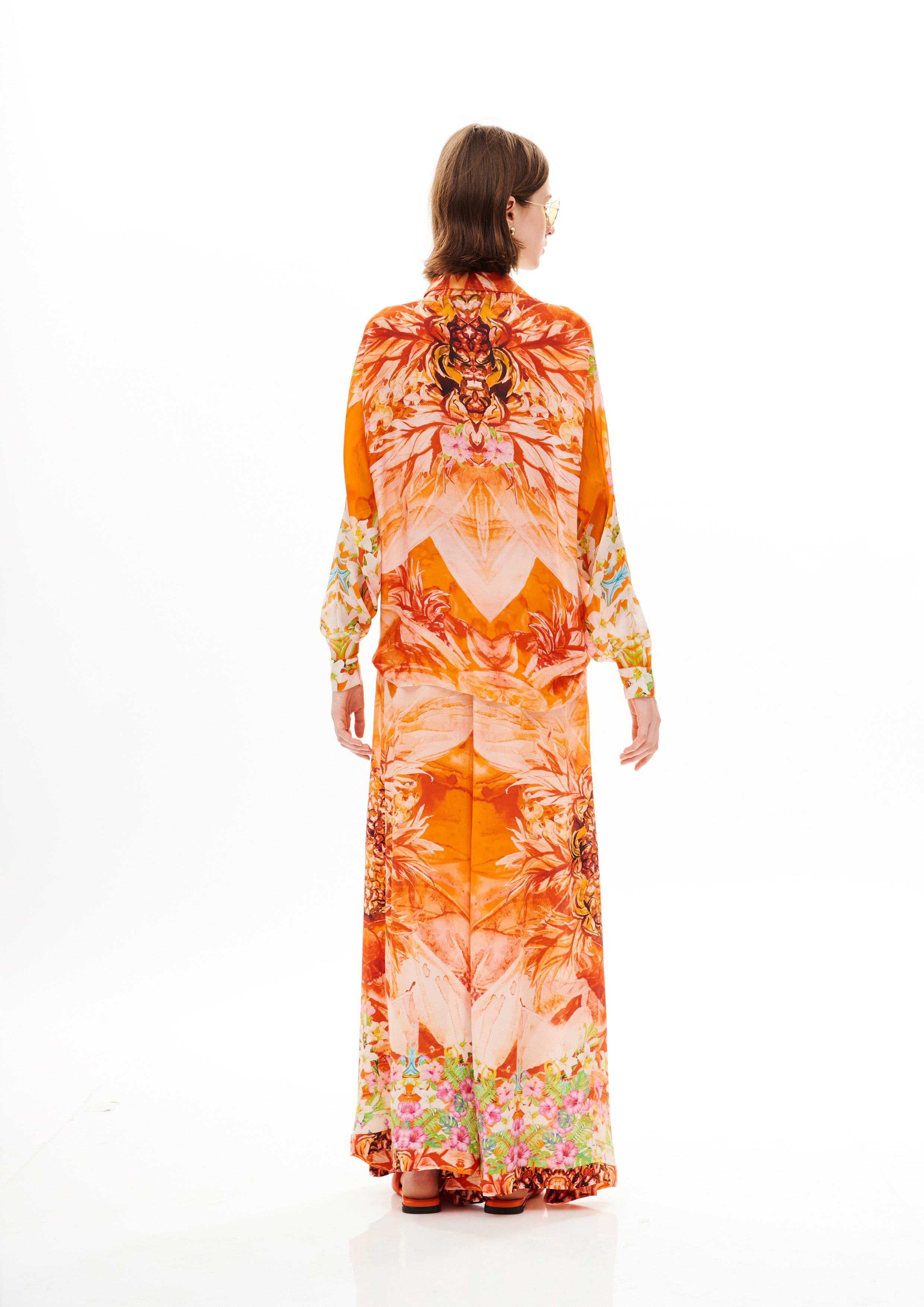Full sleeves ruffle chemise in Georgette Satin with "Tropical Breeze Sunrise" print.