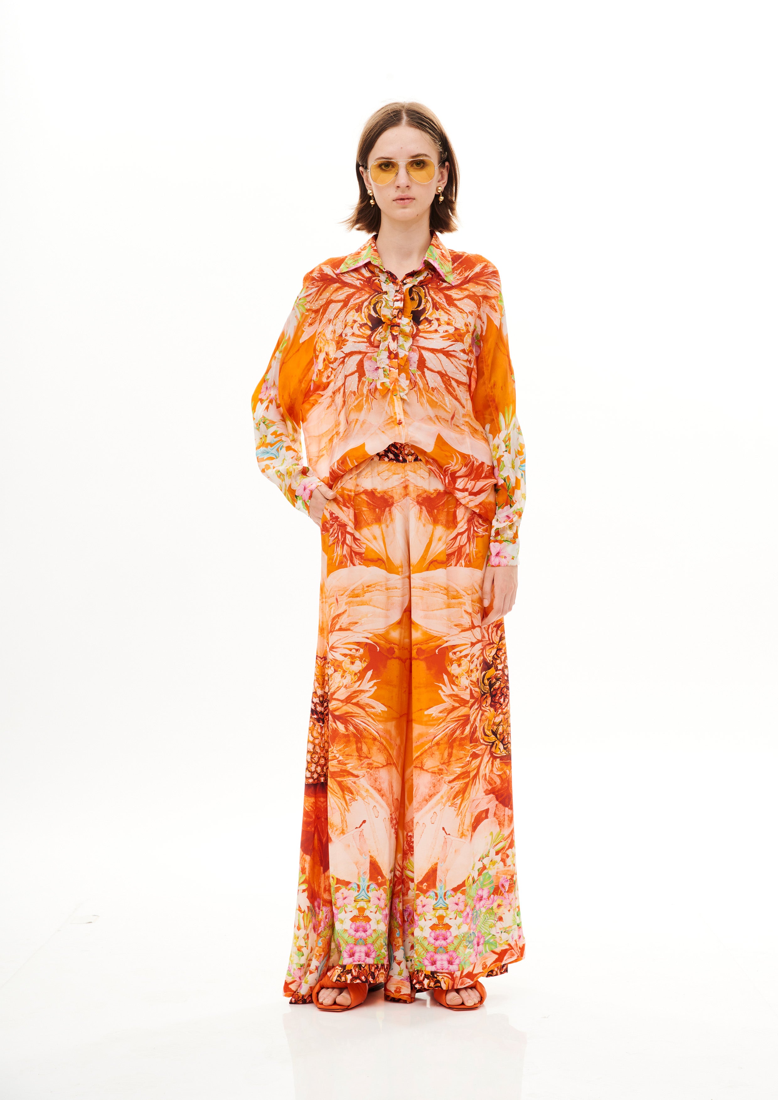 Full sleeves ruffle chemise in Georgette Satin with "Tropical Breeze Sunrise" print.