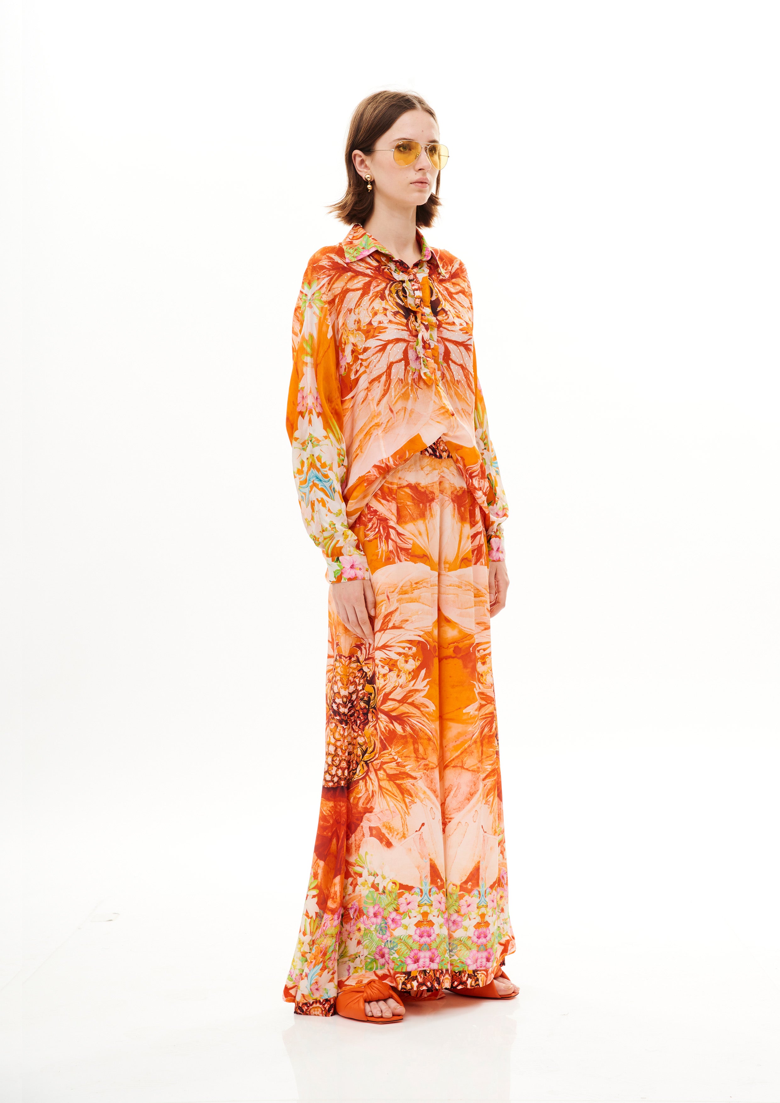 Full sleeves ruffle chemise in Georgette Satin with "Tropical Breeze Sunrise" print.