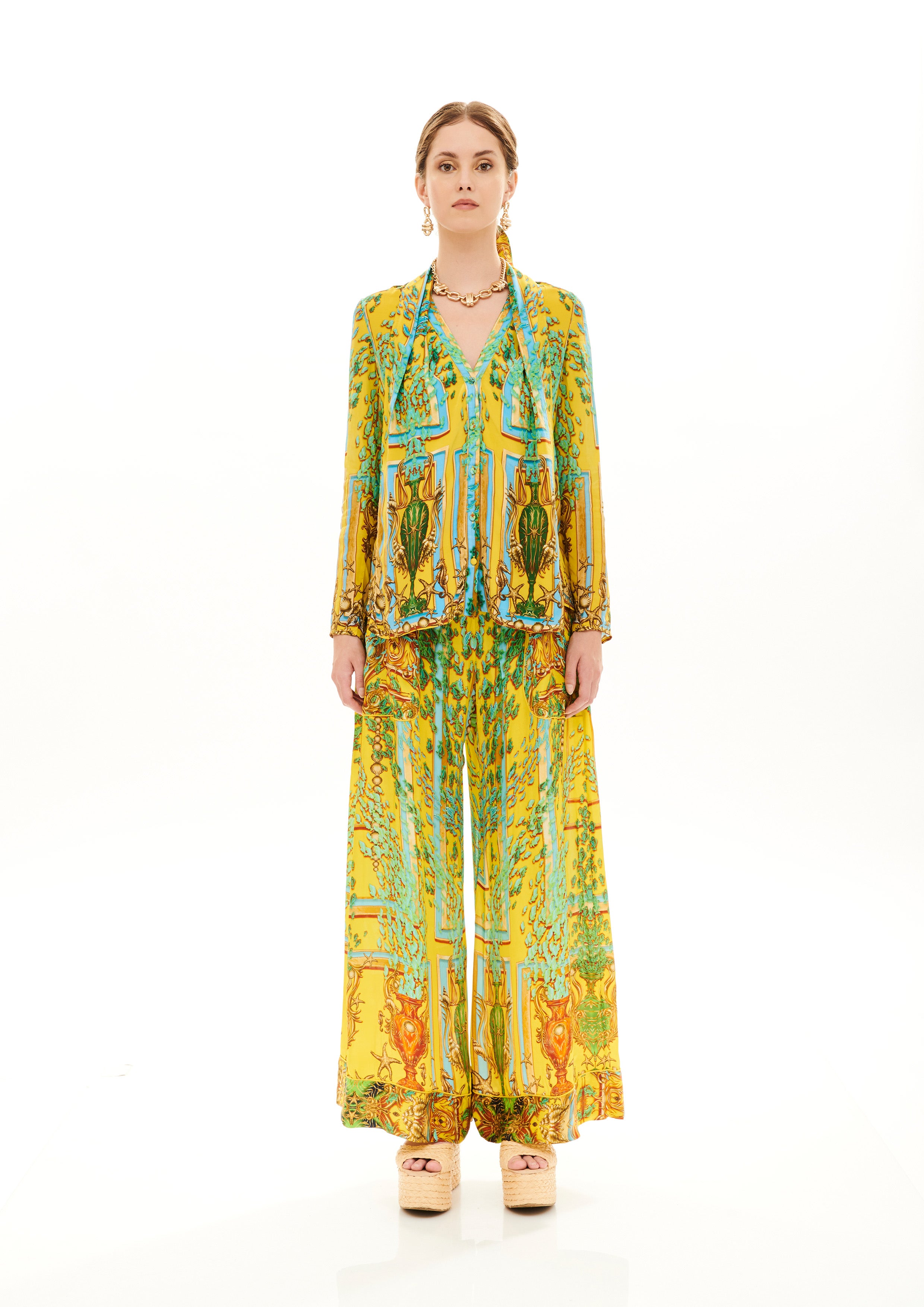 Scarf full sleeves top in Natural Crepe with "Poseidon Dream Sunrise" print.
