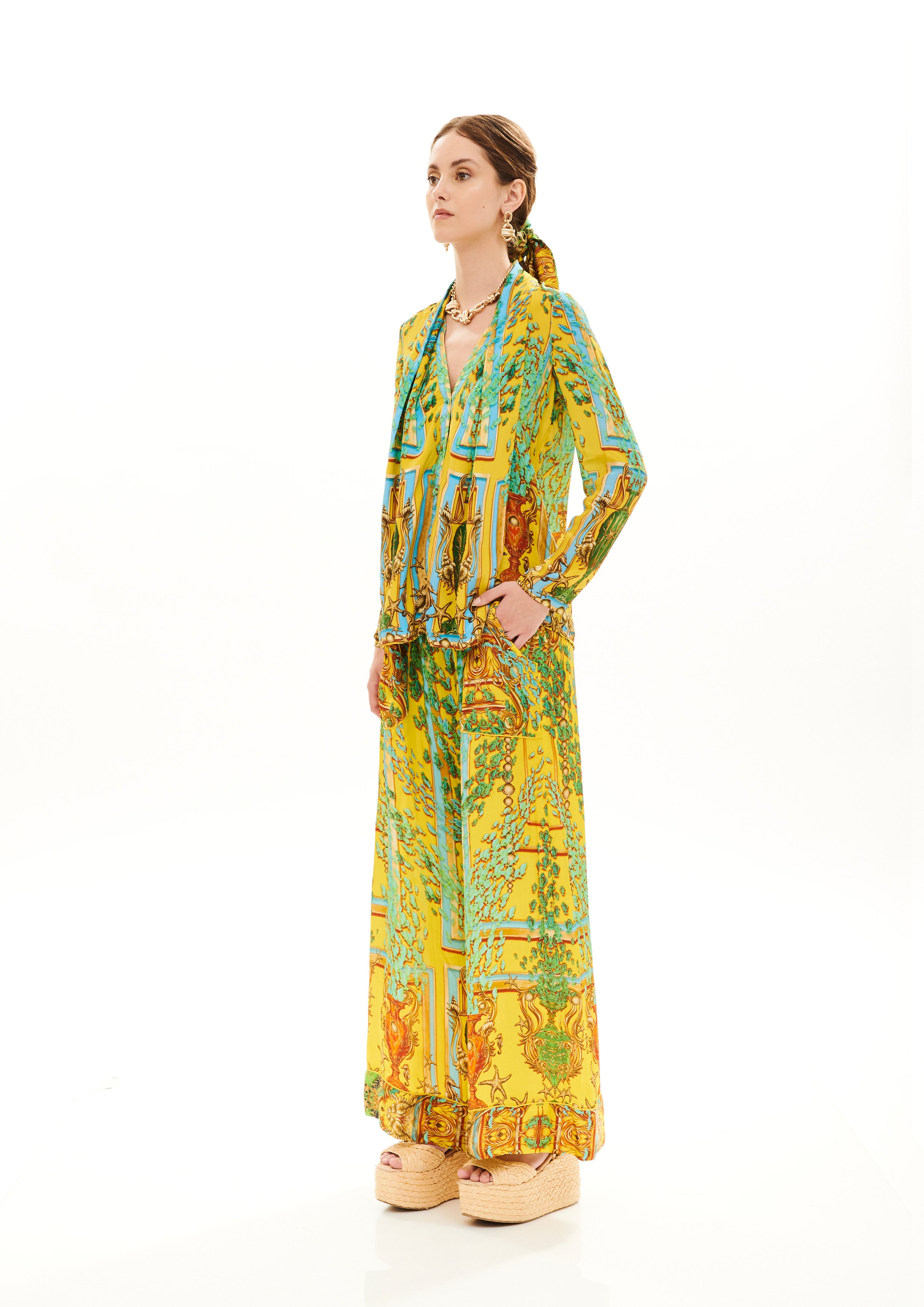 Scarf full sleeves top in Natural Crepe with "Poseidon Dream Sunrise" print.
