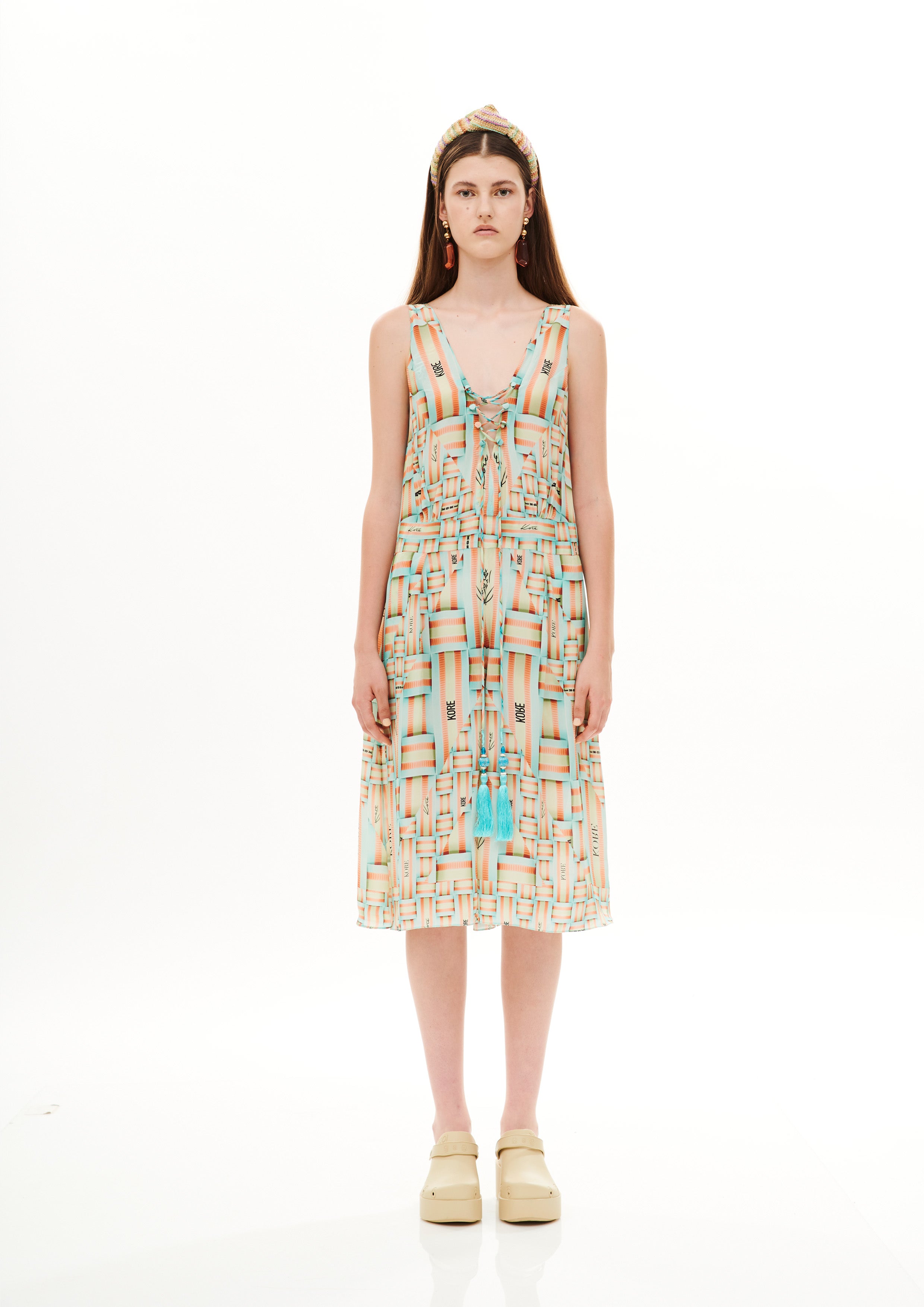 Lacing short jumpsuit in Natural Crepe with "Monogram Breeze Sunrise" print.