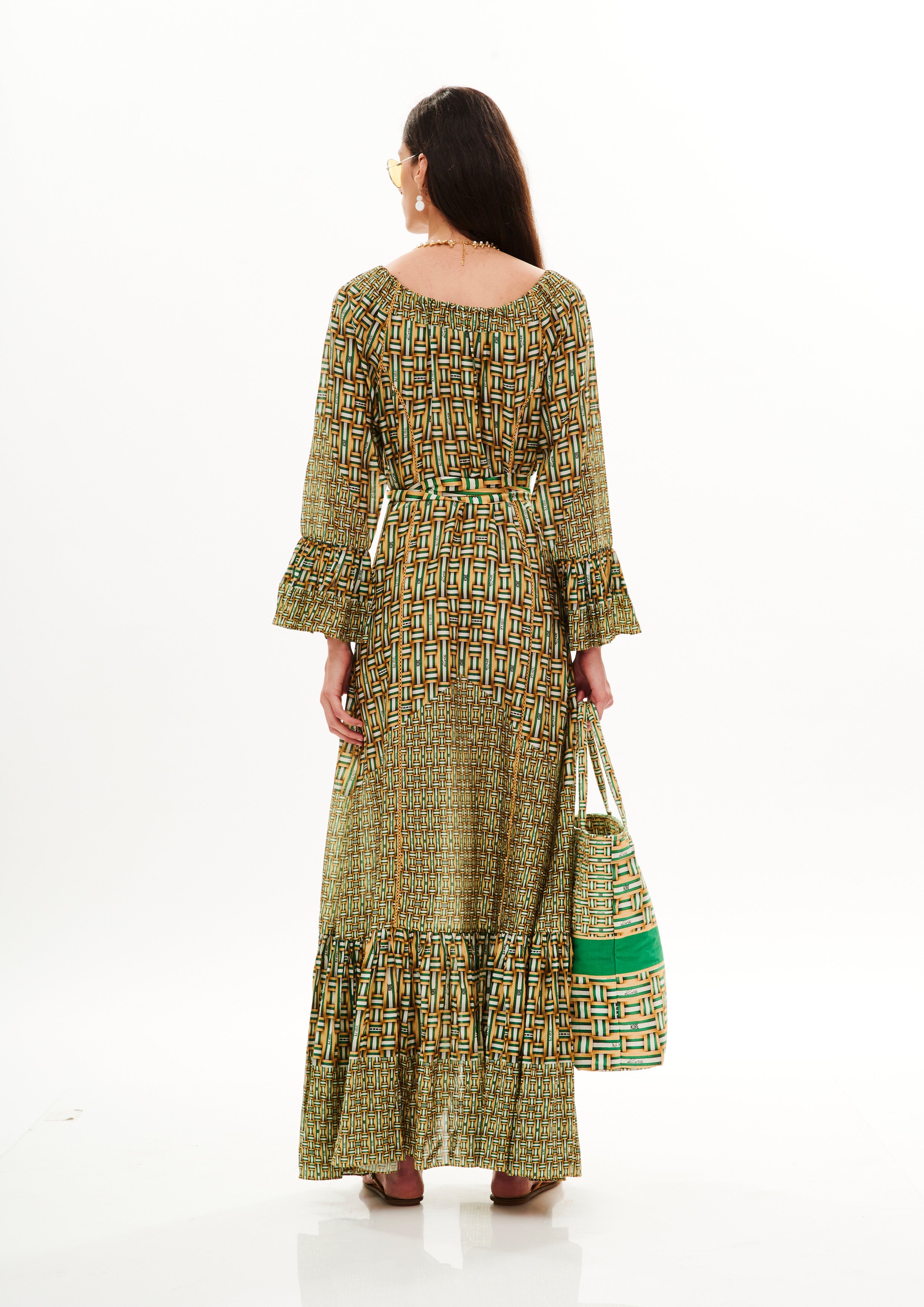 Midi Vishivanka dress in Georgette Satin with "Monogram Tropical Garden" print.